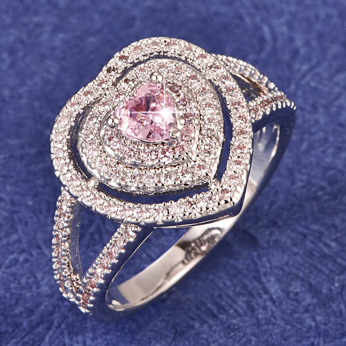 Emsione Created Pink Topaz Heart Cut Halo Wide Anniversary Wedding Engagement Ring Band for Women Men Size 9