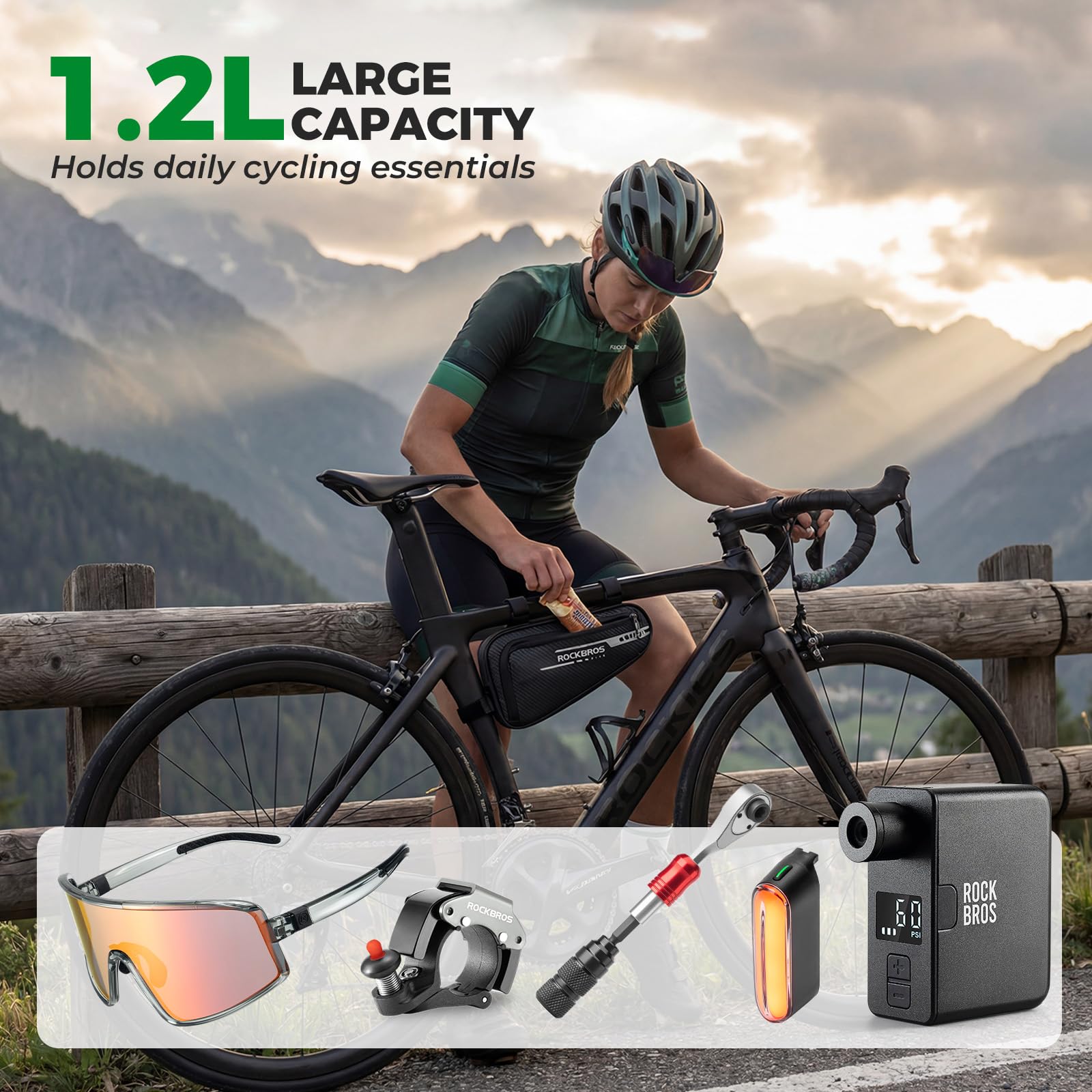 ROCKBROS Borsa da Telaio Triangolo per Bici MTB Triangolare 1.2L con Strisce Riflettenti