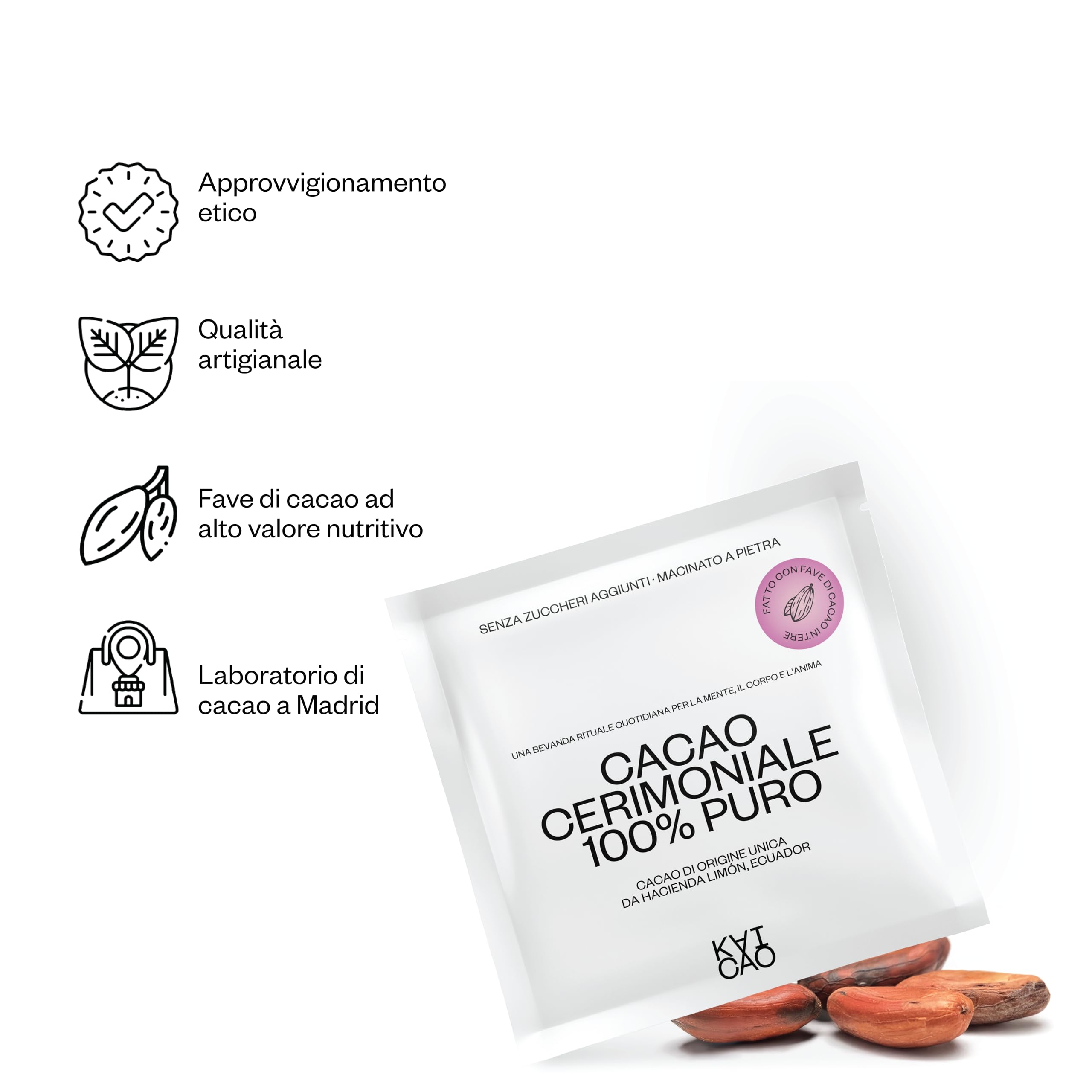 Kaicao Cacao Cerimoniale - Cacao Puro in Polvere - Senza Zucchero, Vegano, Senza Glutine, Dieta keto - Origine Hacienda Limón, Ecuador - 5 x 20 gr