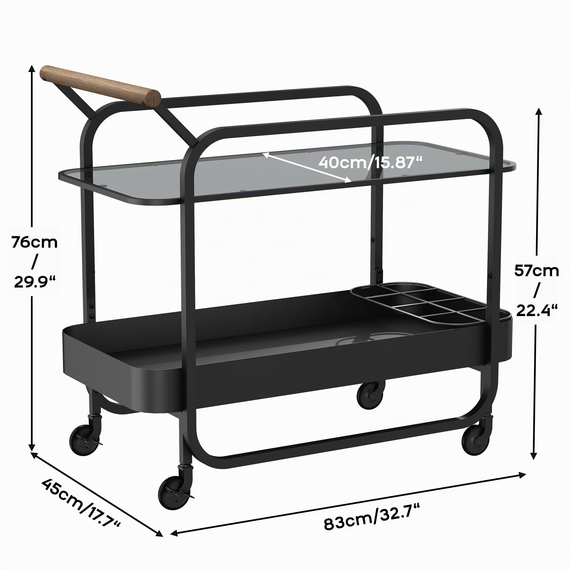 Chariot de Bar 2 Niveaux, Table Roulante pour Boissons avec Plateau en Verre Trempé et Porte-Bouteilles, Bar Roulant avec Roues Freinables, Chariot de Rangement pour Cuisine, Salon, Noir