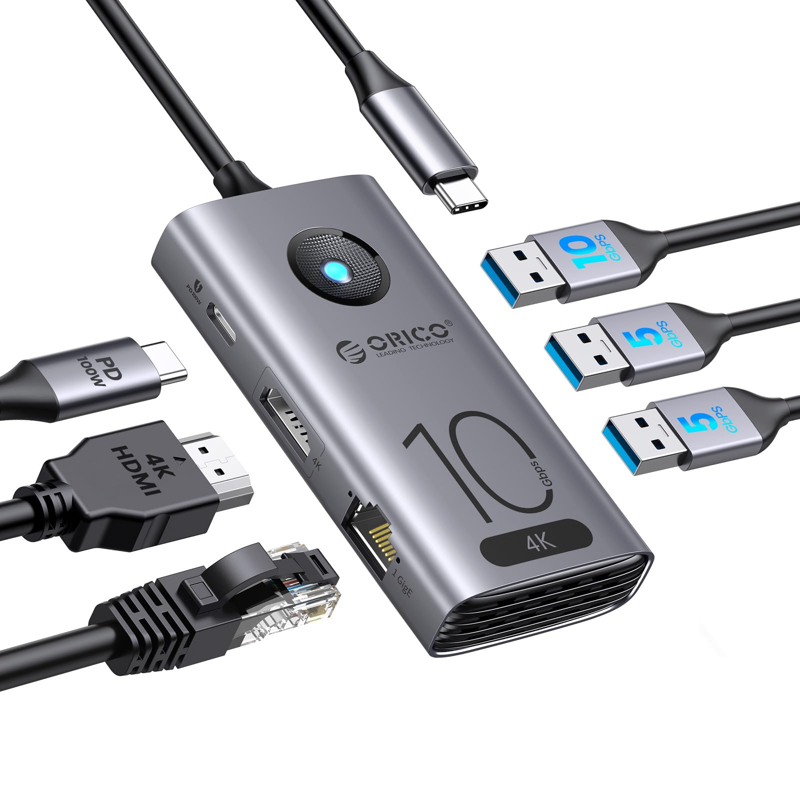 Orico 10Gbps USB C Hub, 6-in-1 USB-C Laptop Hub @ 4K@60Hz, HDMI, USB 3.2 10G, 2 USB 3.0, 100W PD, Gigabit Ethernet for Dell/Surface/HP/Lenovo Laptops