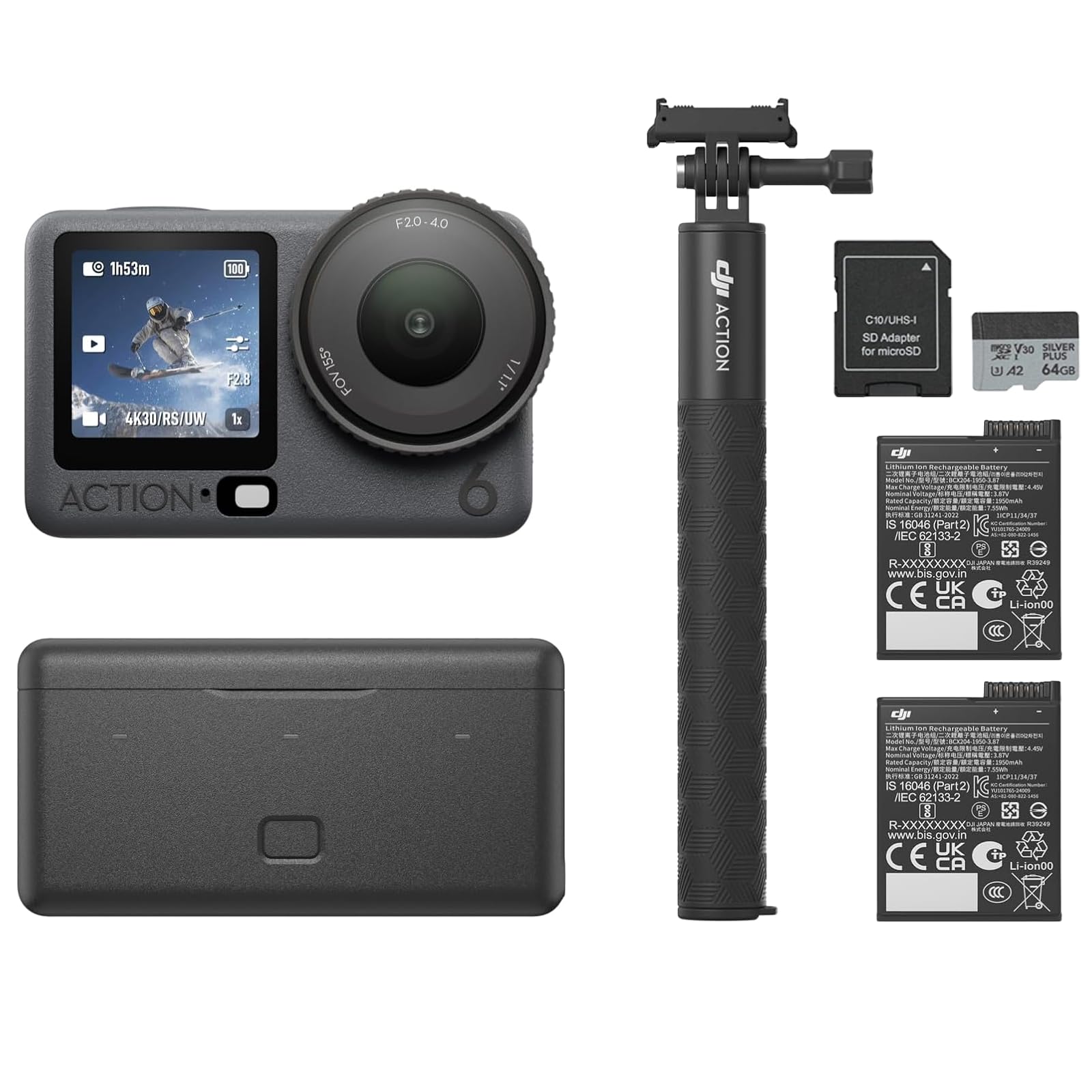 DJI Osmo Action 6 8K Waterproof Action Camera Bundle, 1/1.1" Square Sensor, Variable Aperture of f/2.0–f/4.0, 50GB Built-in Storage, Original Enhanced Combo + Extra 64GB Card