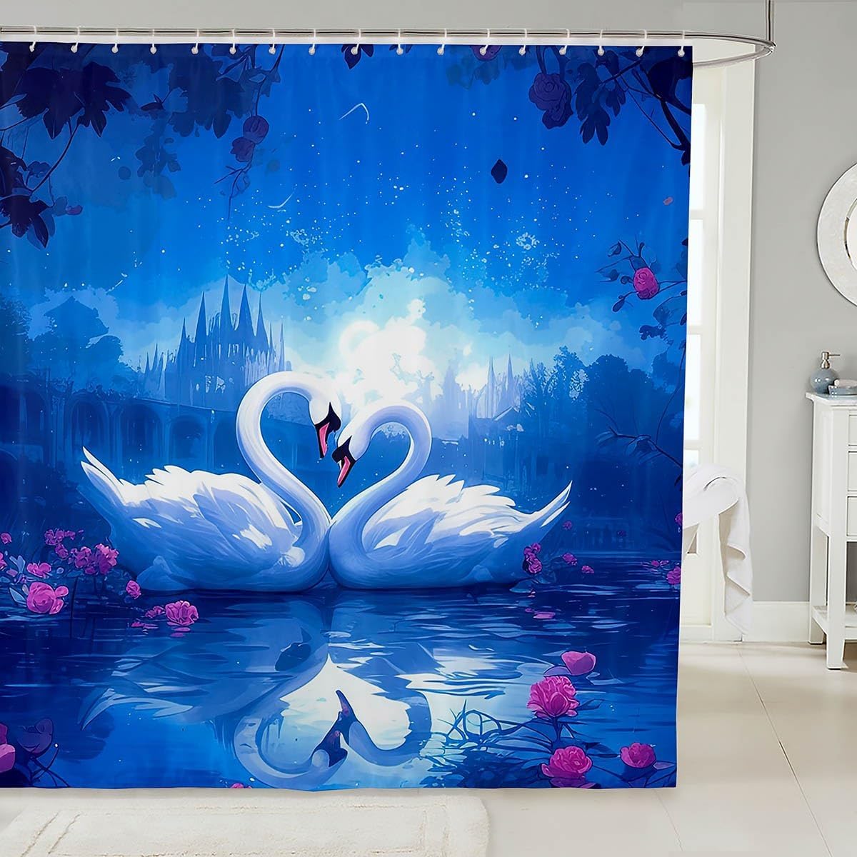 Castle Fairy Decorative White Swan Shower Curtain Waterproof Polyester Fabric,Romantic Love Bath Curtain Home Bathroom Decor Hanging Curtain with Hooks 72 x 78 Inch,Machine Washable