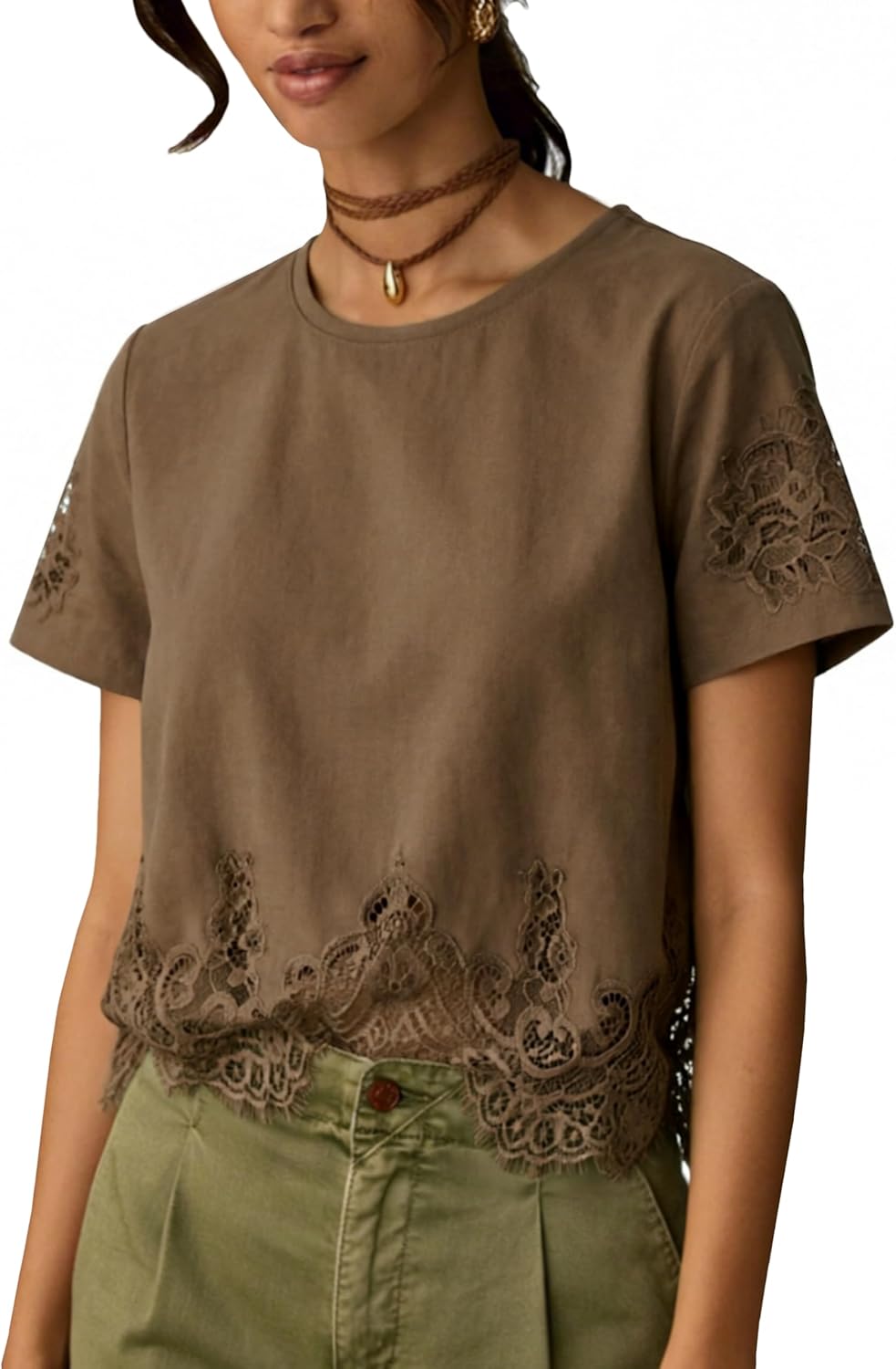 Aimiray Women's Cropped Lace Tops Short Sleeve Crew Neck Blouse Lace Trim Casual Loose Summer T Shirt