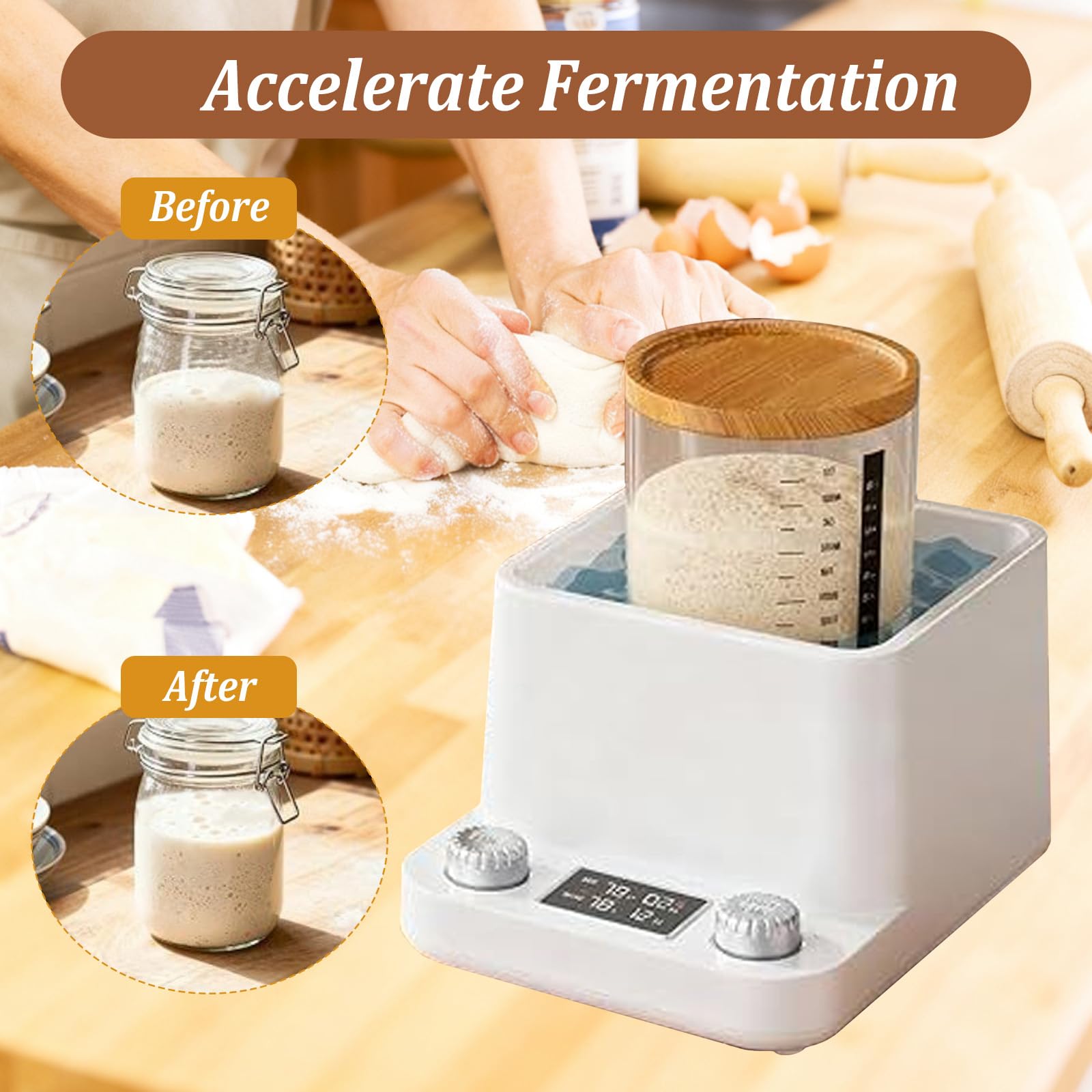 Gleichmäßiges Wasserbad-Sauerteigwärmer,1°F präziser Thermostat Sauerteig Starter Wärmer Wärmegerät Sauerteigstarterwärmer 198-Stunden-Timer für Brotbacken & Fermentation