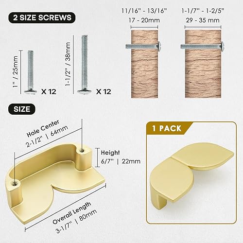 Miniatura 2 de Paquete de 6 tiradores de gabinete de oro cepillado de 2.5 pulgadas2.520 in entre agujeros centrales de aleación de zinc macizo, manijas de latón
