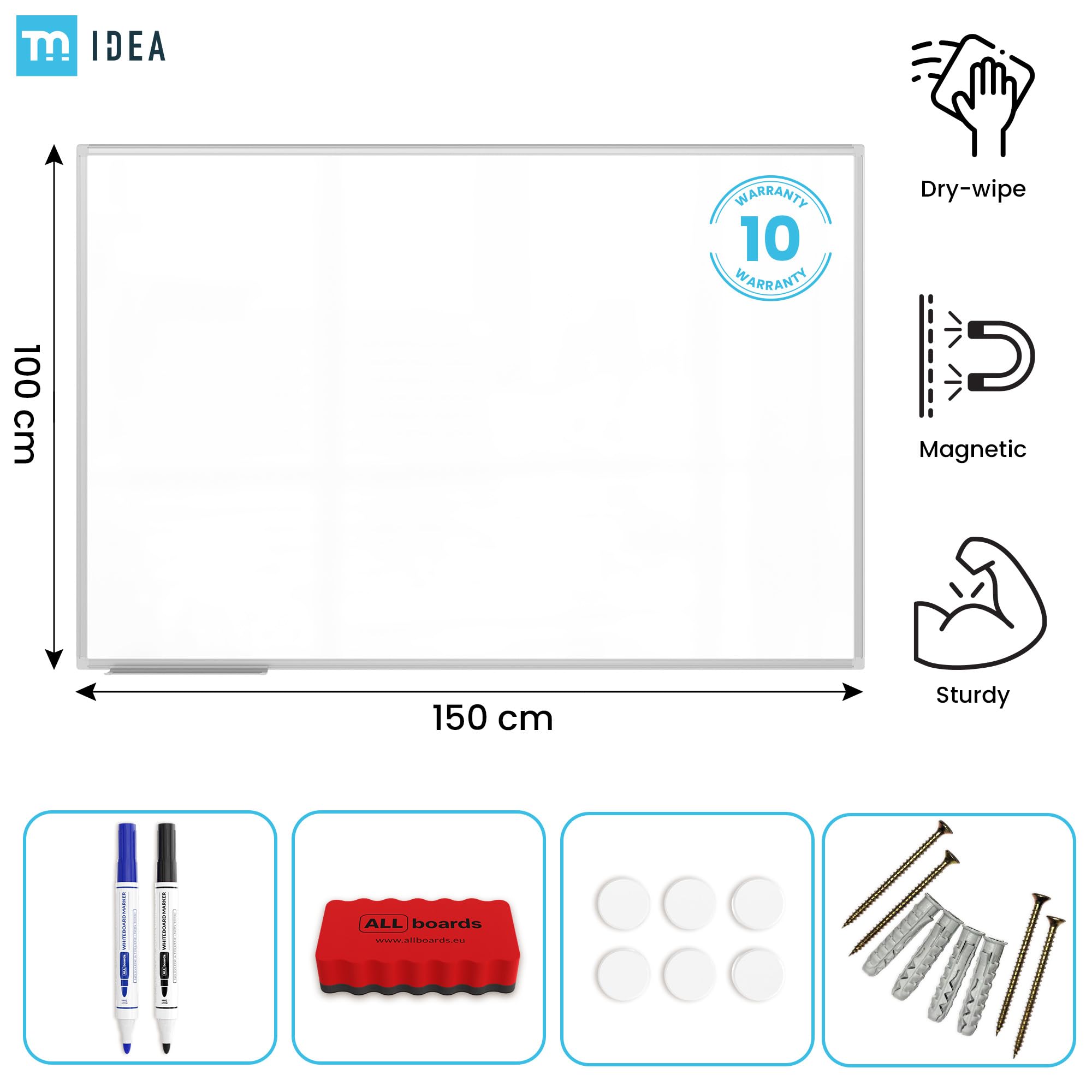ALLboards Tableau blanc magnétique 150x100 cm avec cadre en Whiteboard aluminium + accessoires – Série TM IDEA® Flex