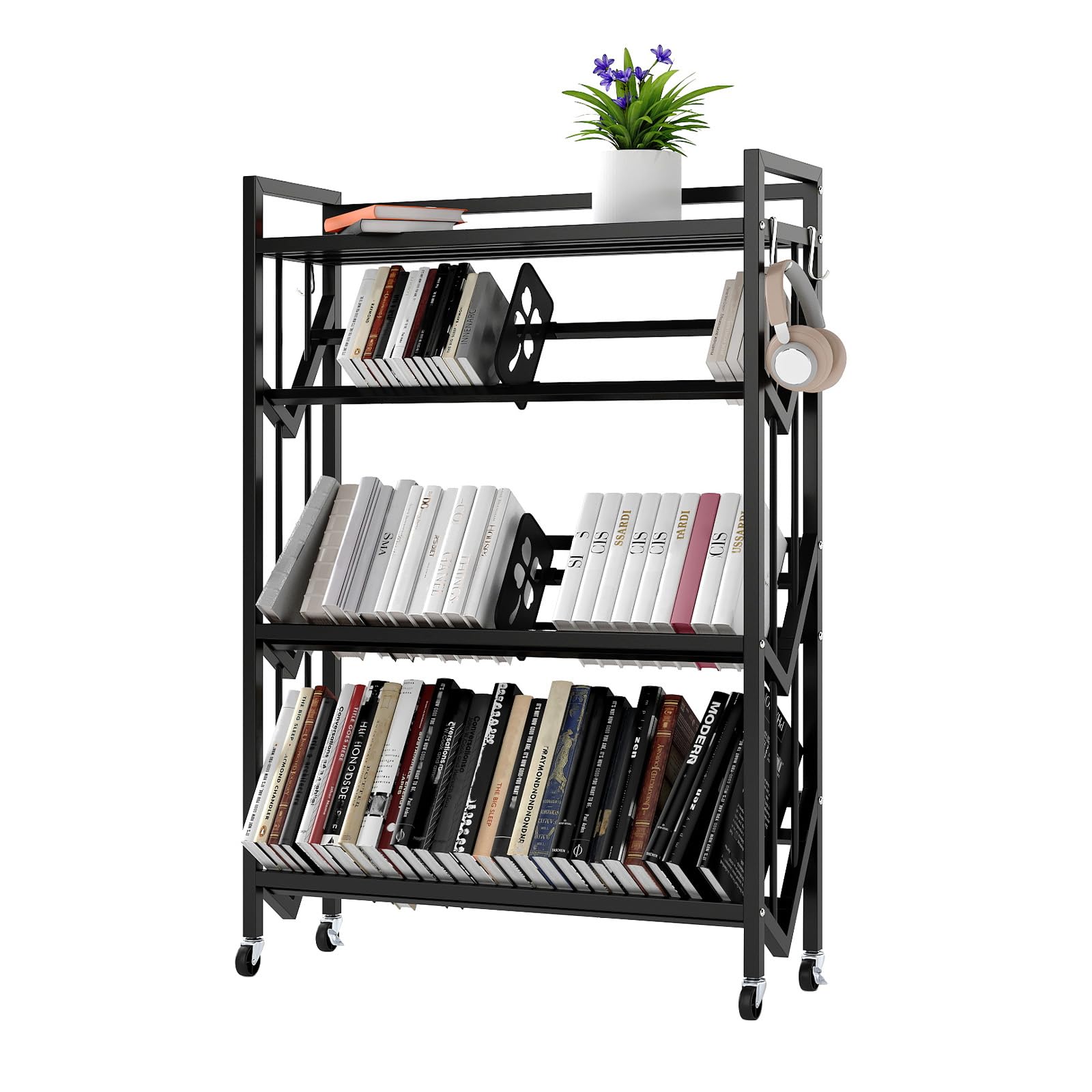 4-Tier Rolling Book Cart 27.6" W x 46.5" H x 10" D - Heavy Duty Mobile Bookshelf on Wheels, Large Capacity Storage Rack for Classroom, Library, Home Office, Living Room (4 Tier 27.6 Wide)