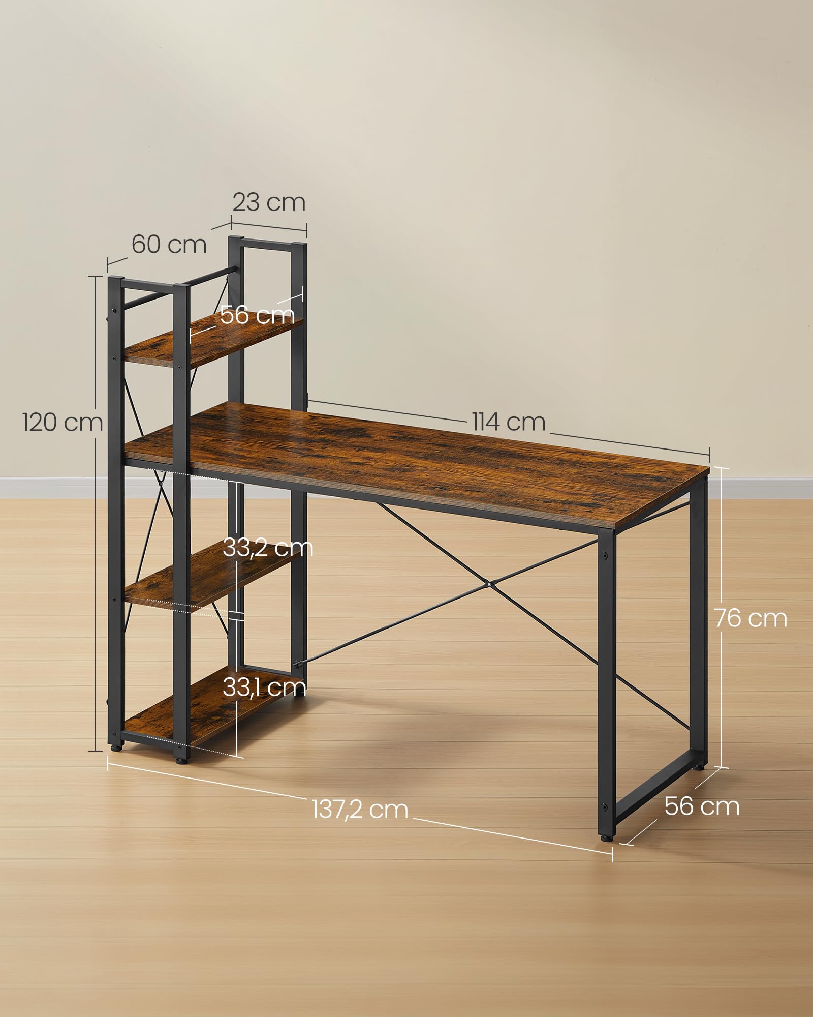 VASAGLE Biurko z odwracalnymi półkami po lewej lub prawej stronie, długość 137,2 cm, stół komputerowy, do domowego biura, łatwy montaż, rustykalny brąz i czarny LWD049B01