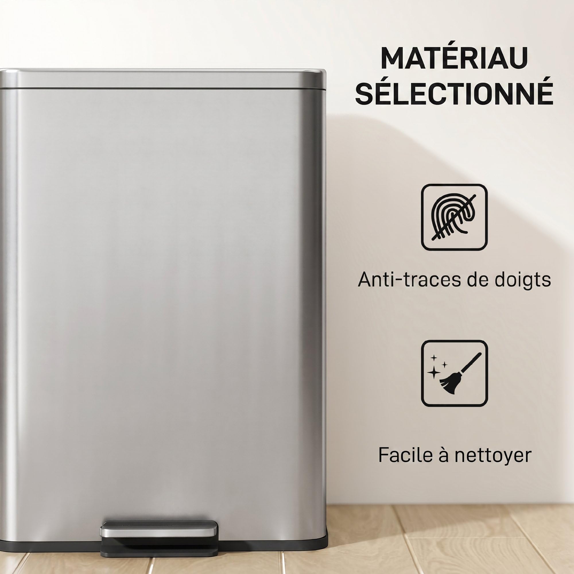 HOMCOM Poubelle de Cuisine 20 L, Poubelle avec Pédale, Couvercle à Fermeture Douce en Acier Inoxydable, Seau Intérieur Amovible, Anti-Traces, pour Cuisine, Maison, Bureau, Argenté