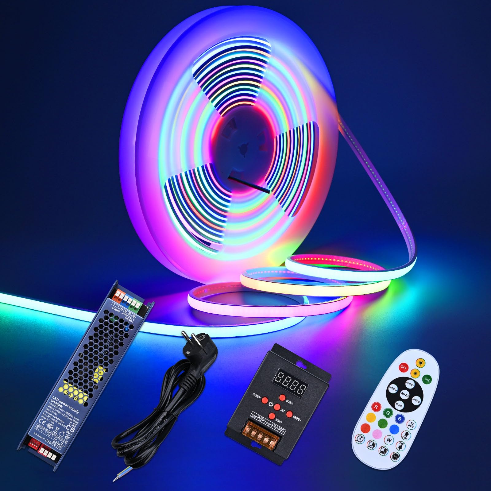 GOMING 24V 10M WS2811 RGB Neon COB LED Streifen IP67 Wasserdicht 576LEDs/M | Adressierbar LED Strip mit Controller und Netzteil 16W/M Gleichmäßiges Leuchten Flexibel LED Band Selbstklebend für Heim Deko
