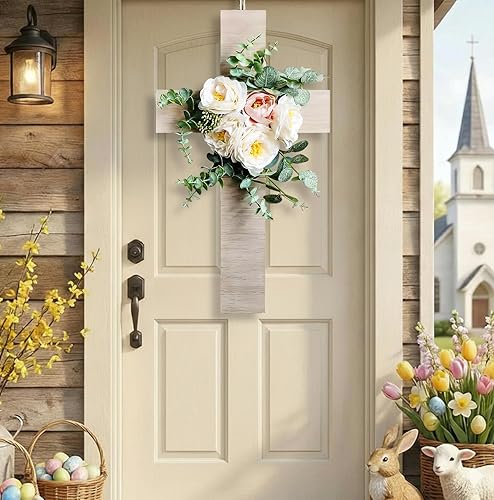 Easter Cross Wreaths for Front Door, Christian Easter Decorations Door