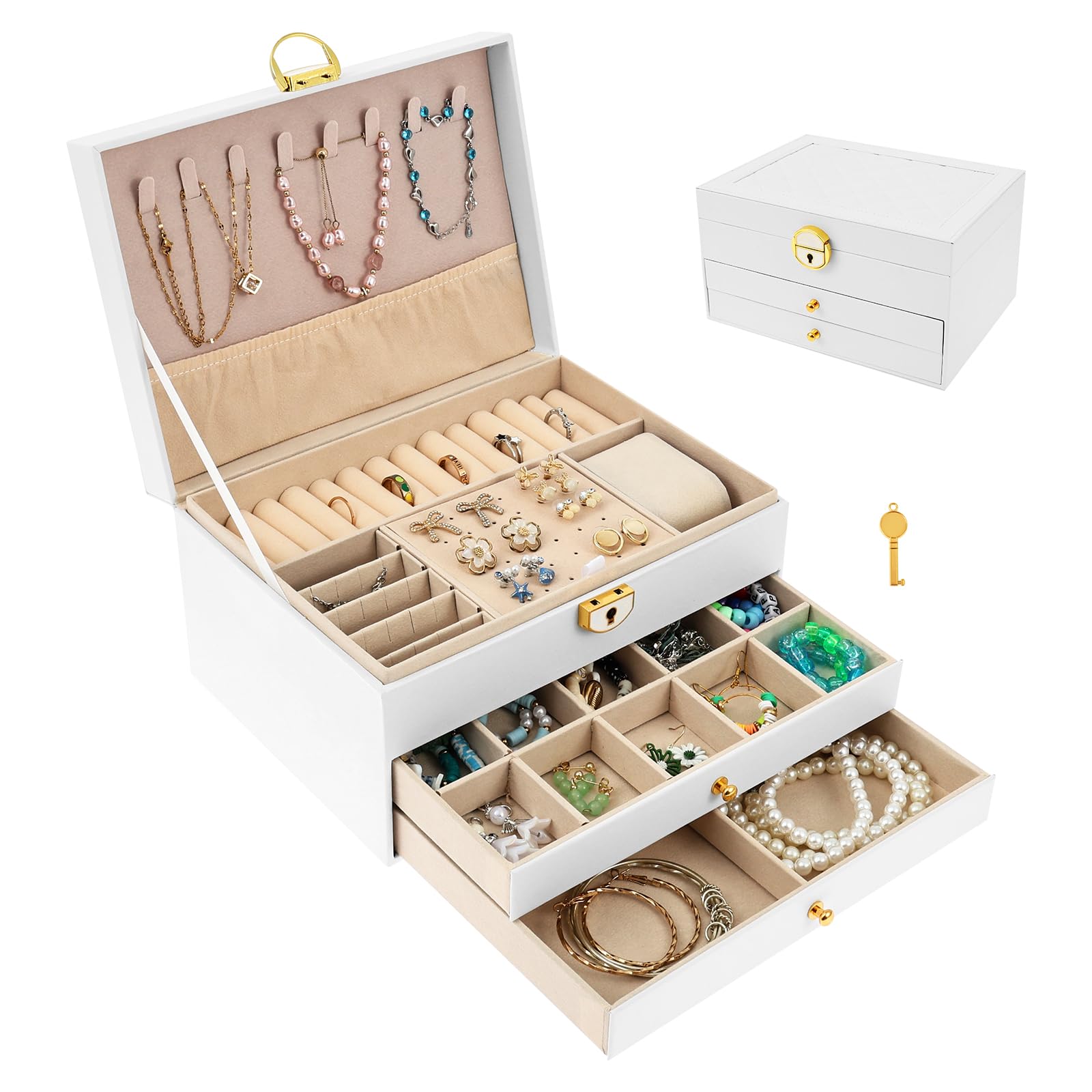 Anihet 3 Layers Jewellery Box with 2 Drawers, Lockable Leather Jewellery Organiser Case, Large Storage Box for Necklaces, Earring, Bracelet, Ring, Gifts for Women, Girls(White)