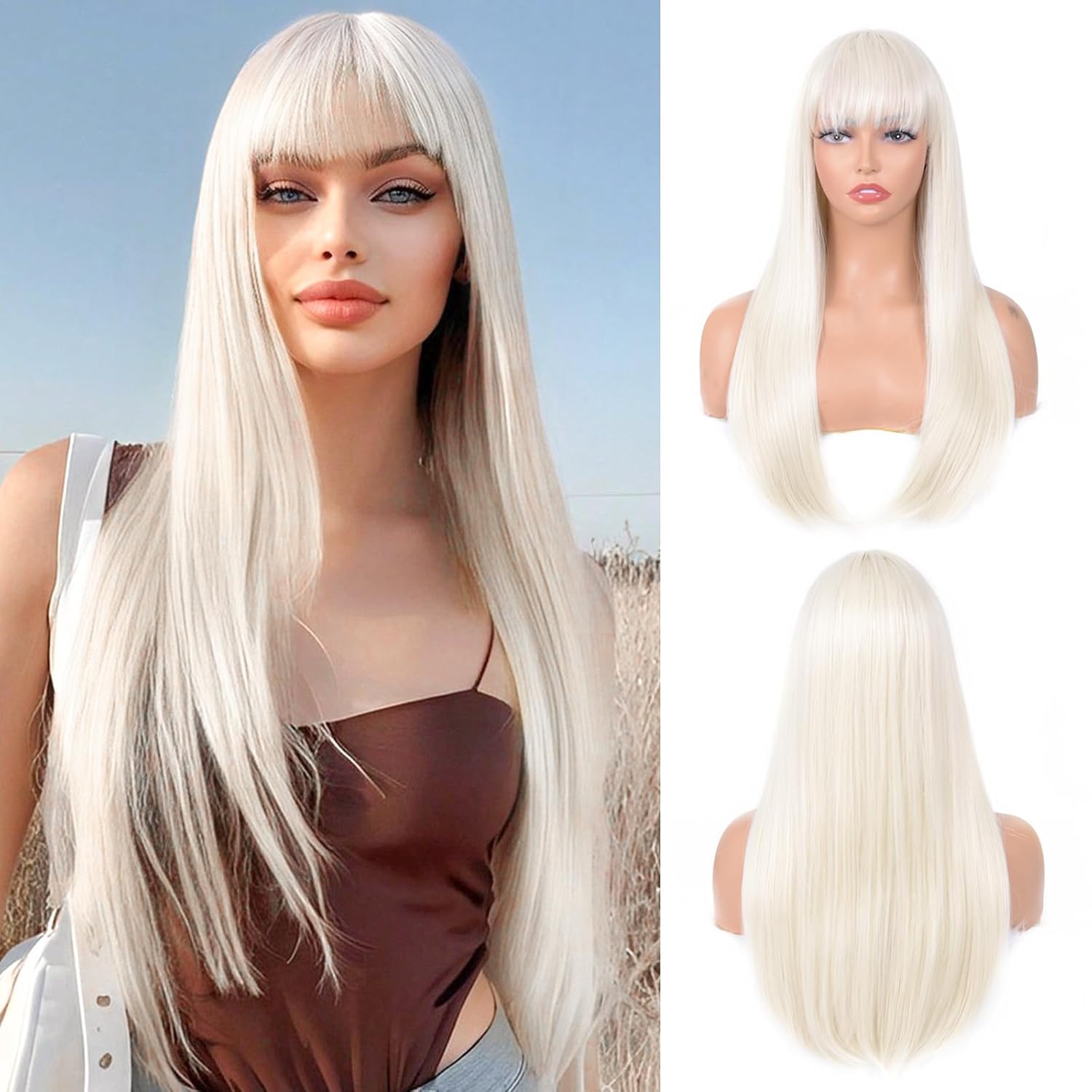 Platinum blonde Wig with Bangs for Women – Long Straight Heat Resistant Synthetic Wig for Daily Use, Party, Halloween, Cosplay – 24 Inch Platinum blonde Wig for Girls