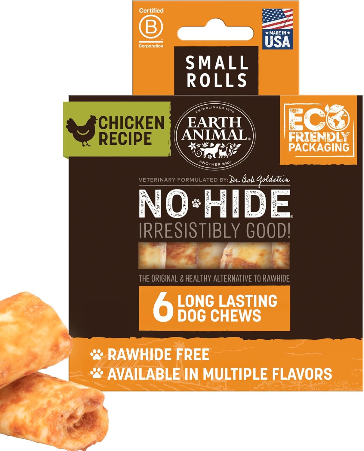Earth Animal No Hide Chews – Long Lasting Rawhide Free Small Dog Chews Rolls, Chicken – 6 Count