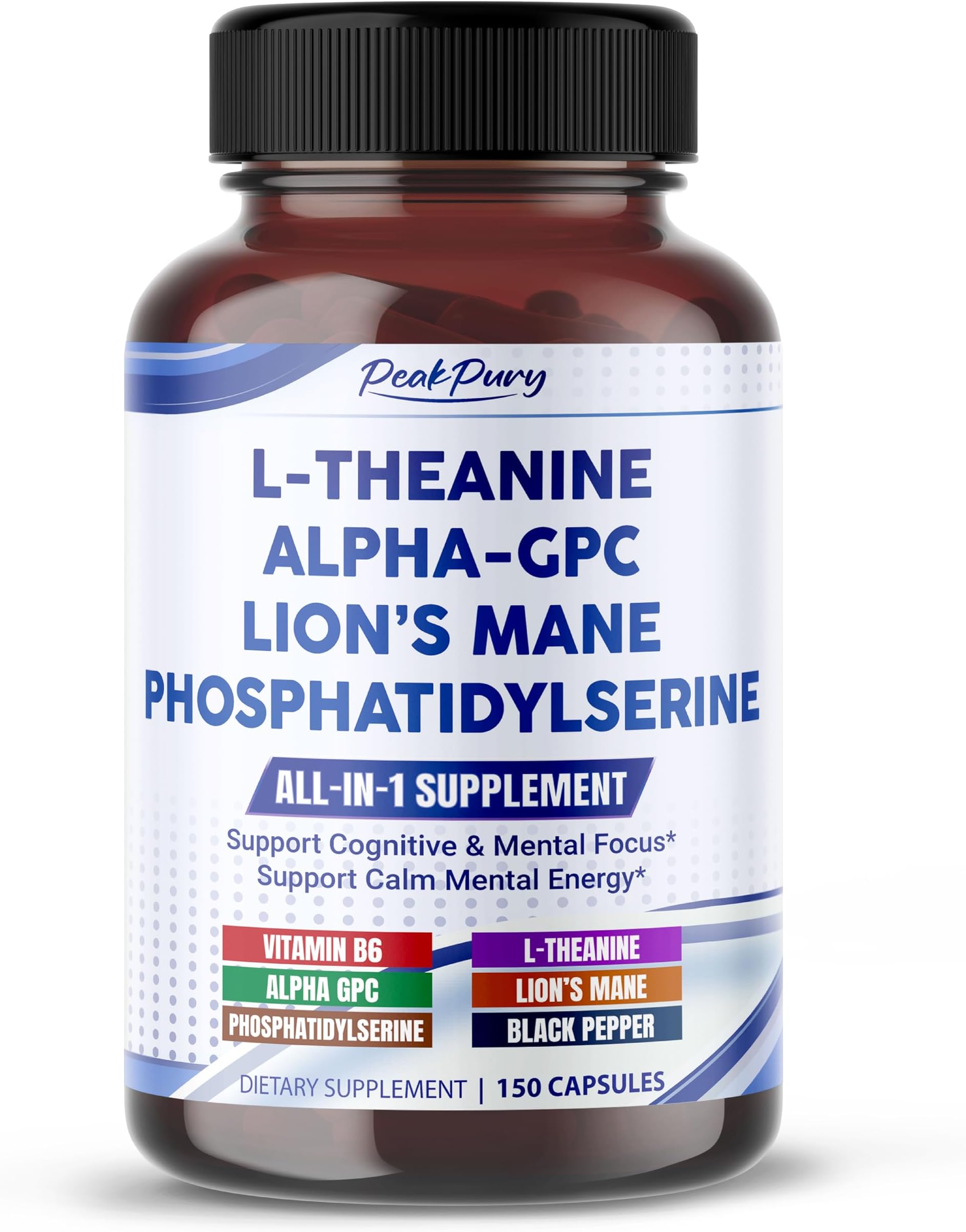 Premium L-Theanine, Alpha-GPC, Lion’s Mane & Phosphatidylserine – Cognitive & Mental Focus Support Supplement – 150 Capsules