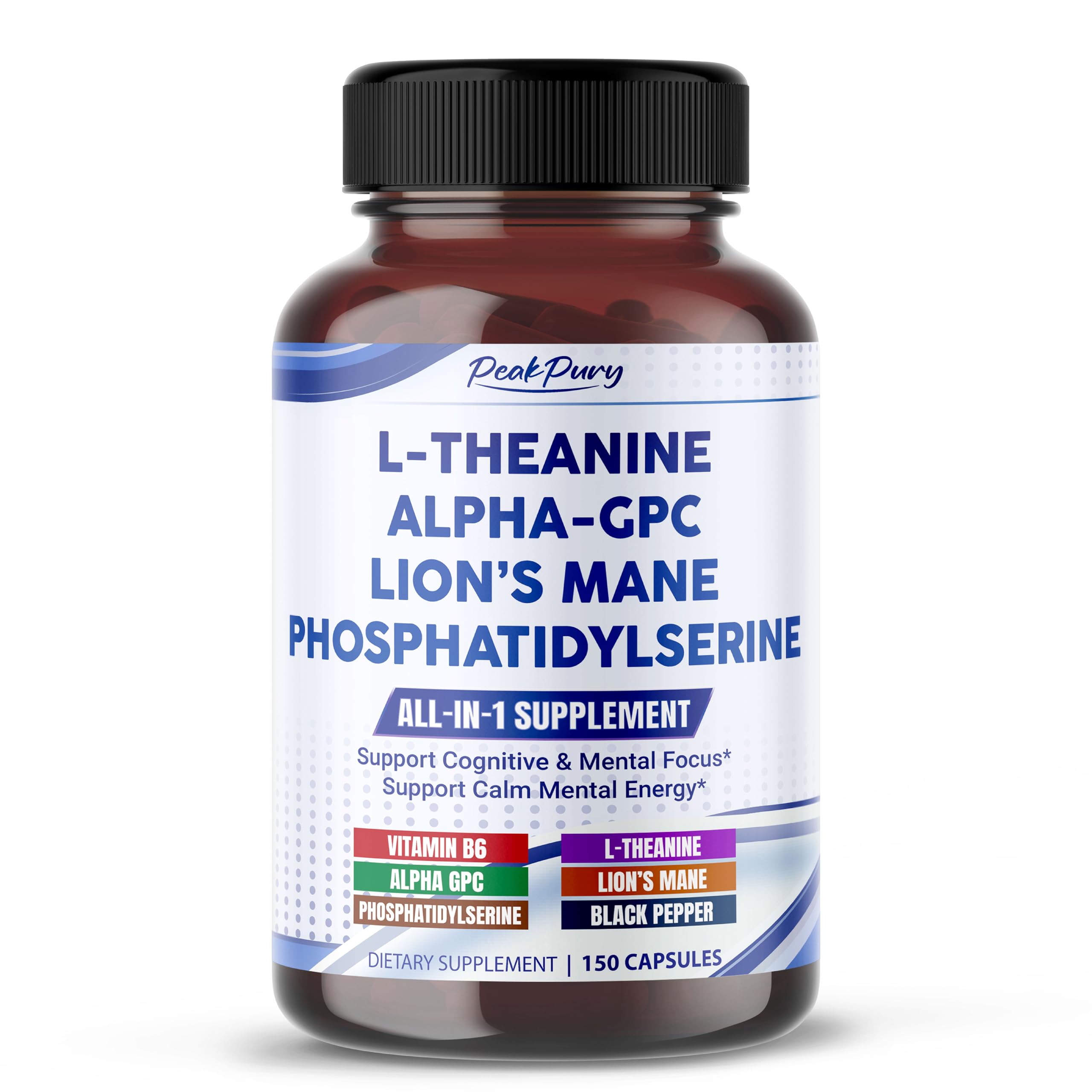 Premium L-Theanine, Alpha-GPC, Lion’s Mane & Phosphatidylserine – Cognitive & Mental Focus Support Supplement – 150 Capsules