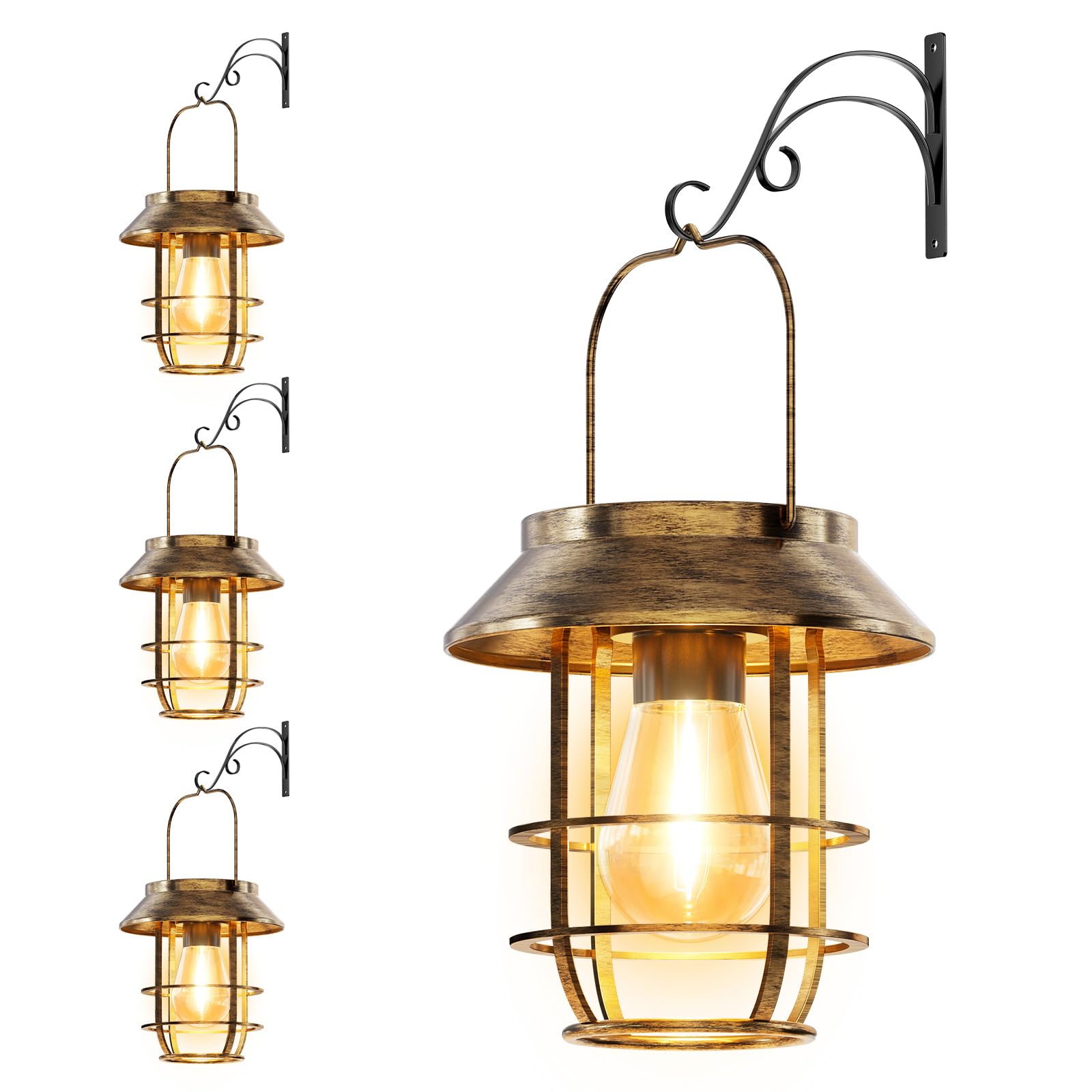 Lanterna solare vintage per esterni, design con pannello in vetro, bronzo (confezione da 4)
