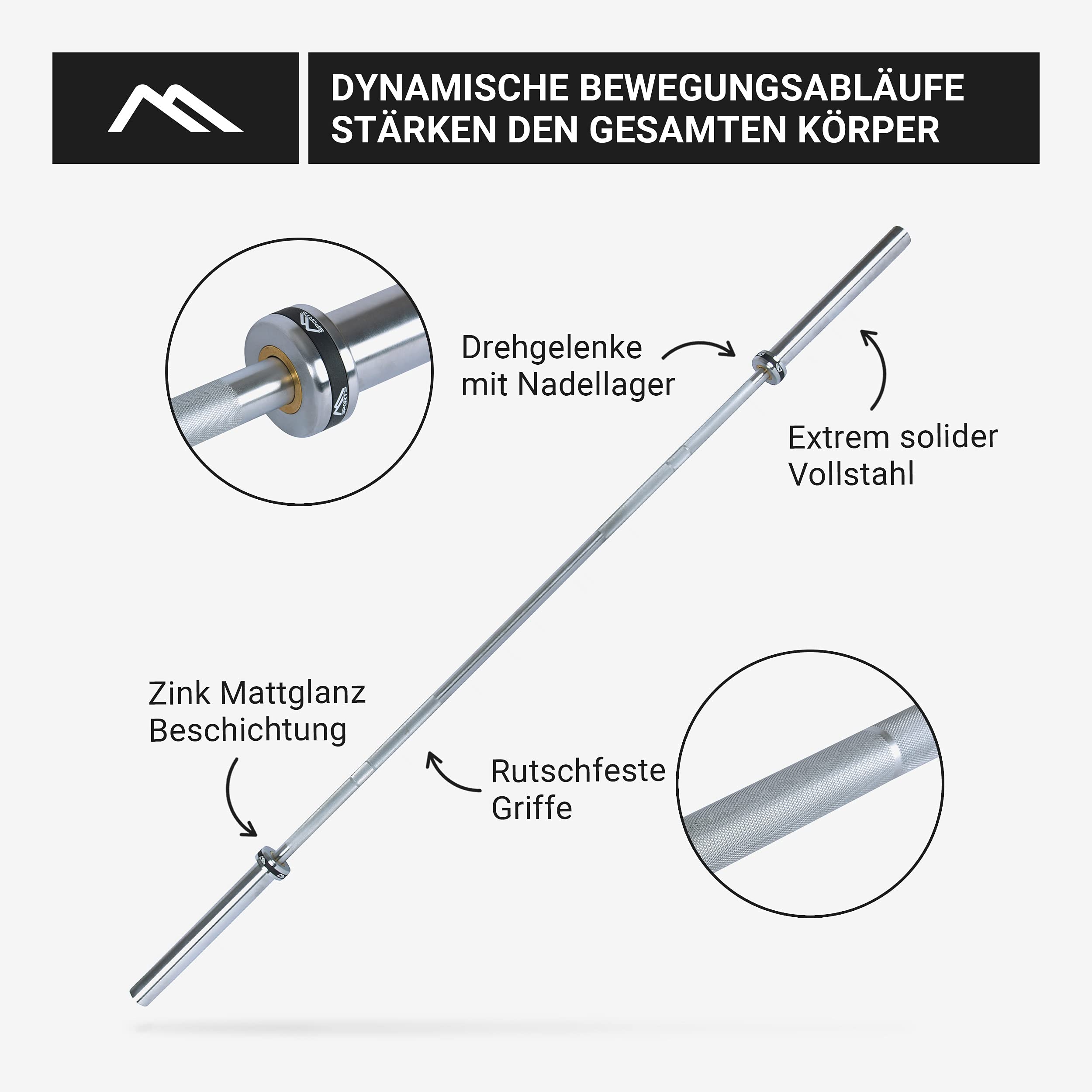 MSPORTS Langhantelstange Olympia Professional Silber Matt | Premium Qualität - Kugelgelagert - 50 mm Bohrung - gerändelte Grifffläche | Langhantel