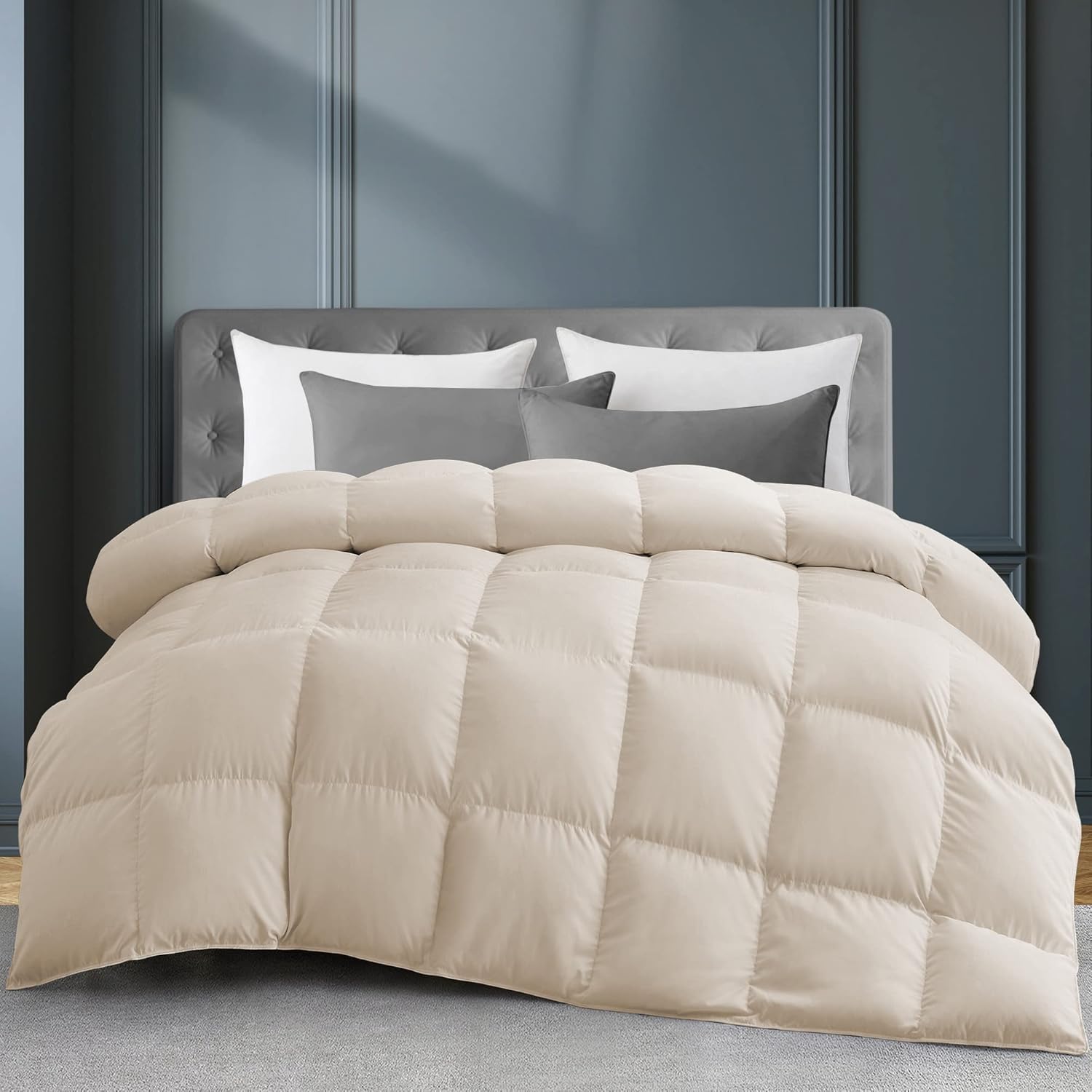 puredown® Organic Cotton Feather Comforter, All Season Duvet Insert Twin Size, 100% Pure Natural Cotton Cover Breathable Fluffy Feather Comforter with Corner Ties (Beige, 68"x90")