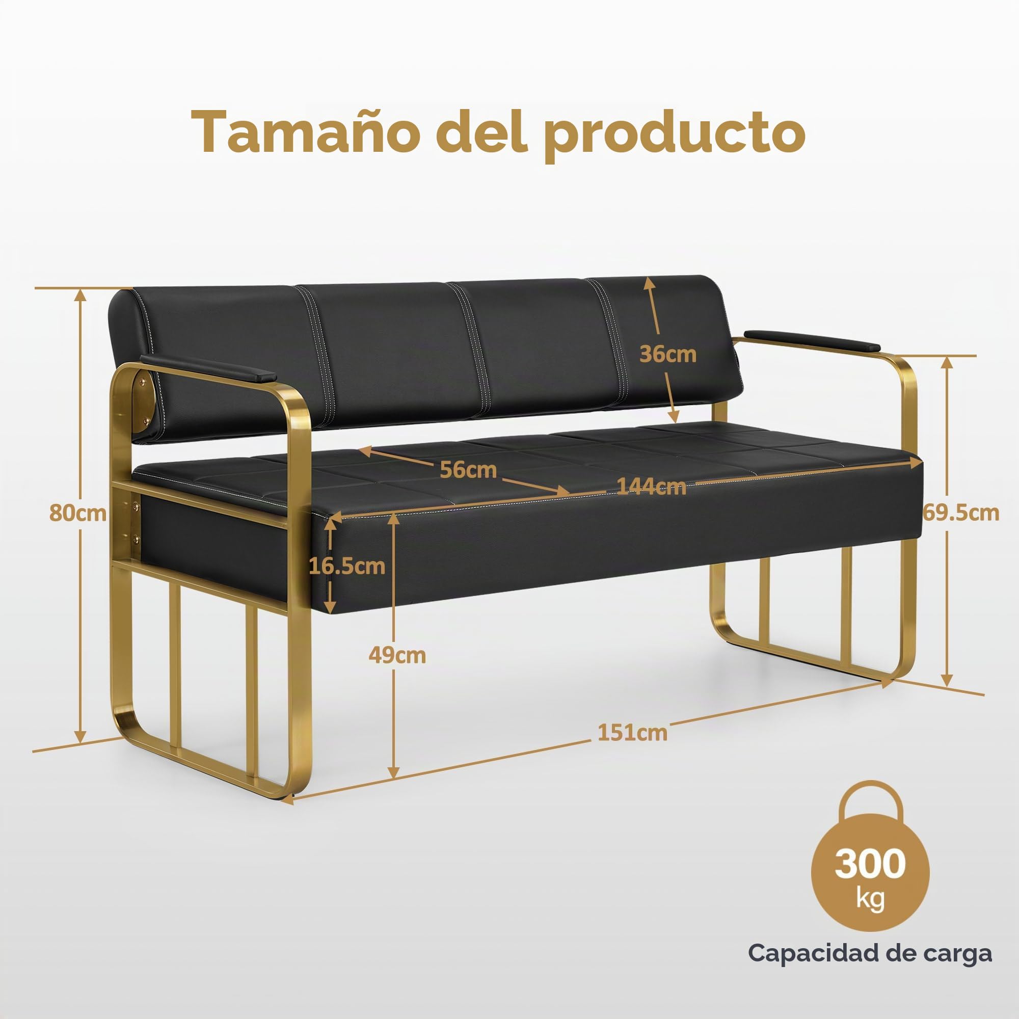 BarberPub Banco de 3 plazas reposabrazos Dorados, Banco Acolchado con Respaldo de 140 cm, Banco de Espera para peluquería, mobiliario para peluquería W528 (Negro-Oro/Cuero sintético)