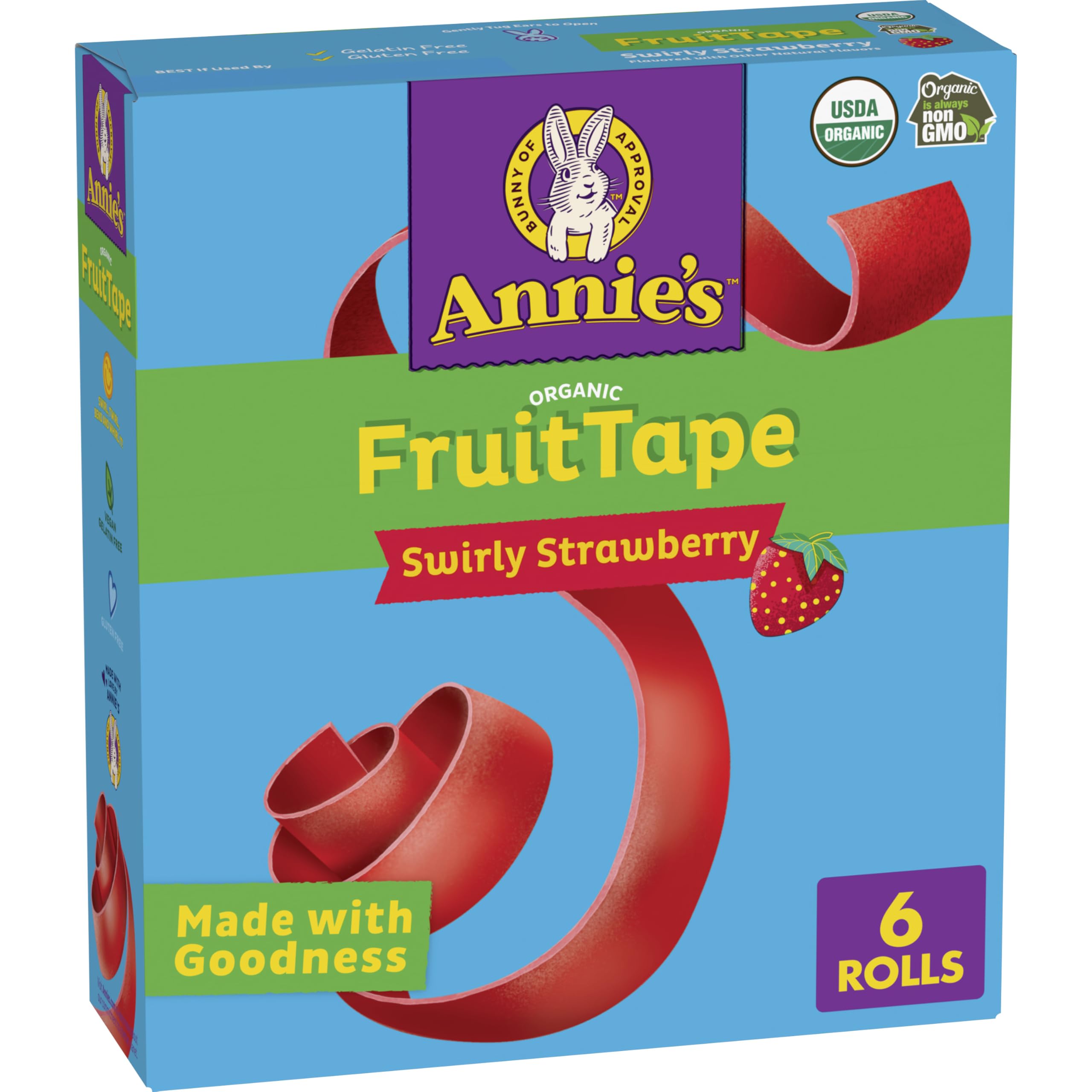 Annie's Organic Fruit Tape, Swirly Strawberry, Non-GMO and Organic Fruit Flavored Snacks, 6 Rolls, 4.5 oz