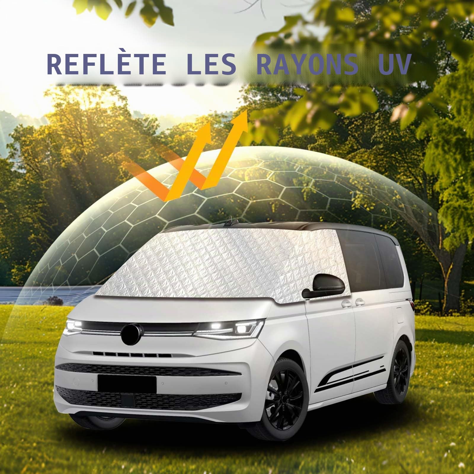 Protection de pare-brise avant compatible avec VW Multivan T7 (2021-2026) & VW California T7 | Protection solaire 4 saisons & protection contre le gel | Protection thermique contre la chaleur