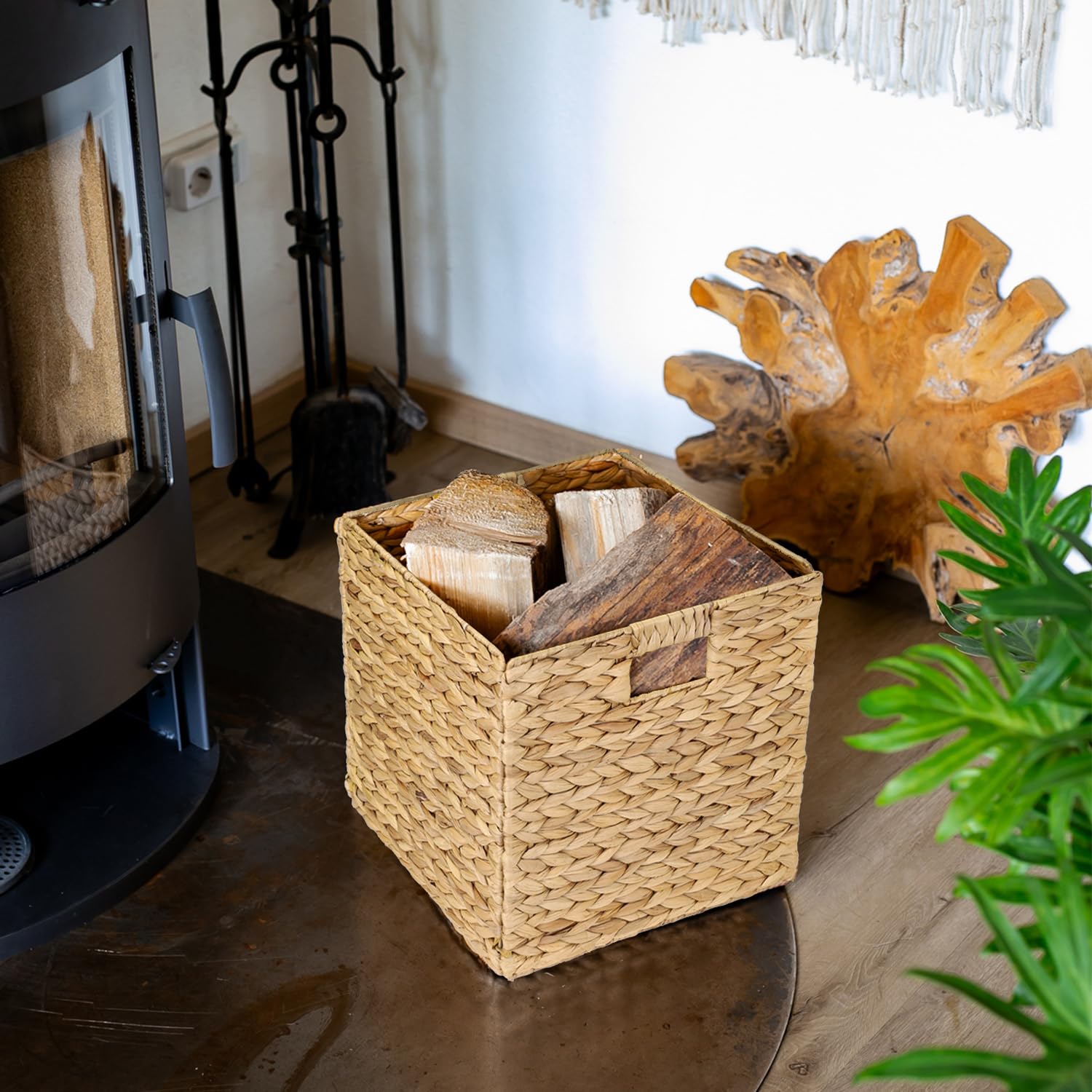 HMF Panier de rangement compatible avec étagère KALLAX, panier tressé en jacinthe d’eau avec poignées | Lot de 2 | 32 x 34,5 x 32 cm | Naturel