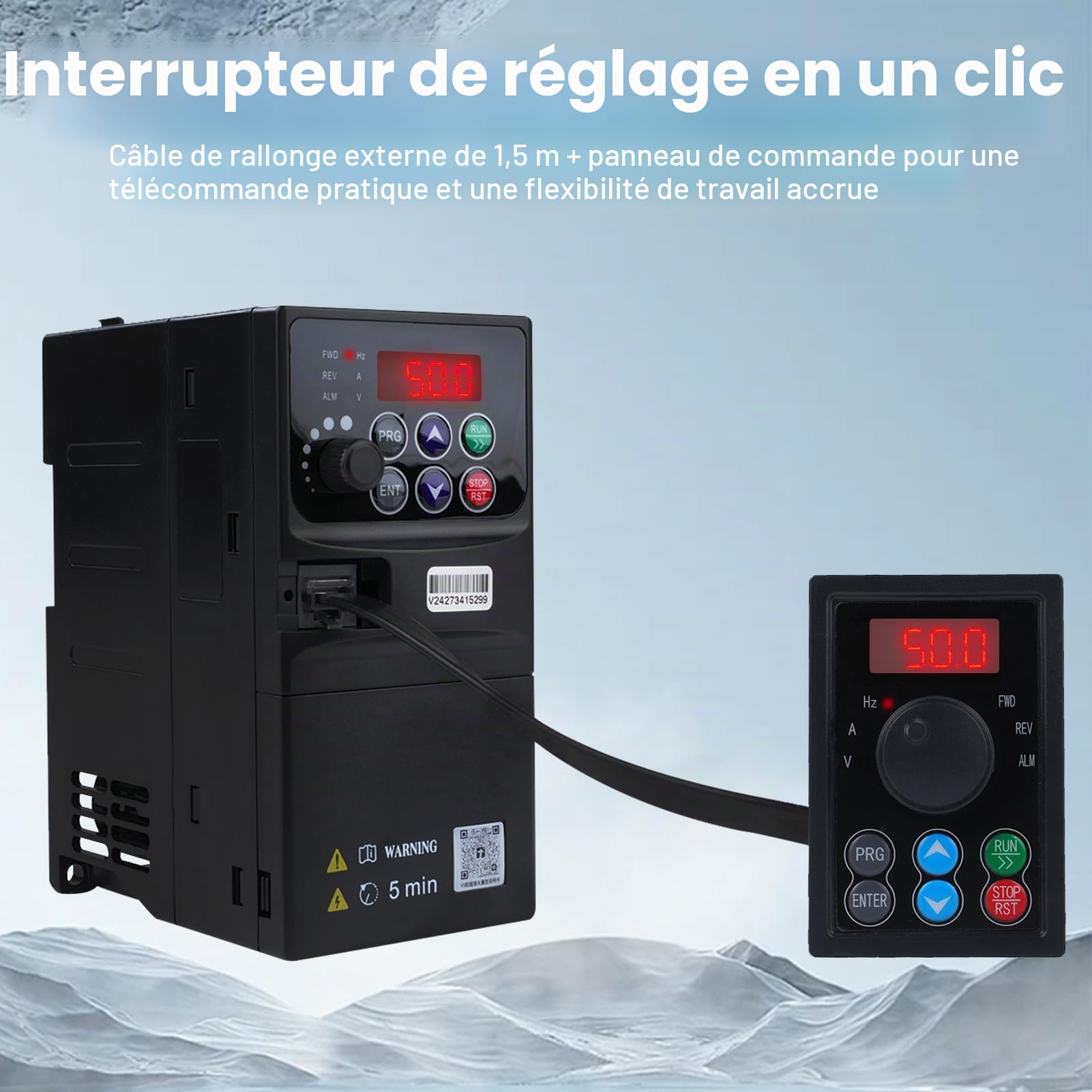 2.2KW Variateur de frequence 220V Entrée monophasée 220v Sortie triphasée 230v Variateur de fréquence Tableau de commande amovible modèle V3-222EE (avec câble d'extension de 1.5m)