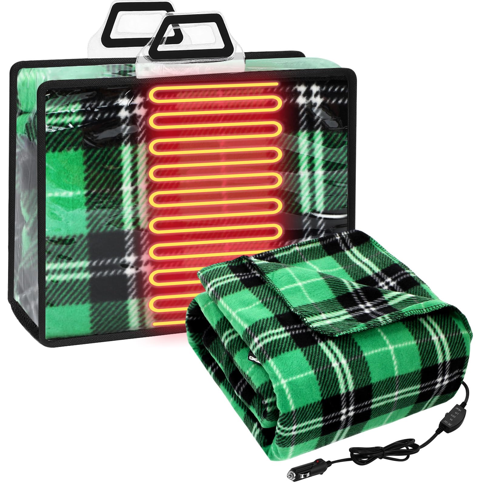 Tuanse 58x43 Inches 12v Heated Car Blanket Plug in, Green, Plaid