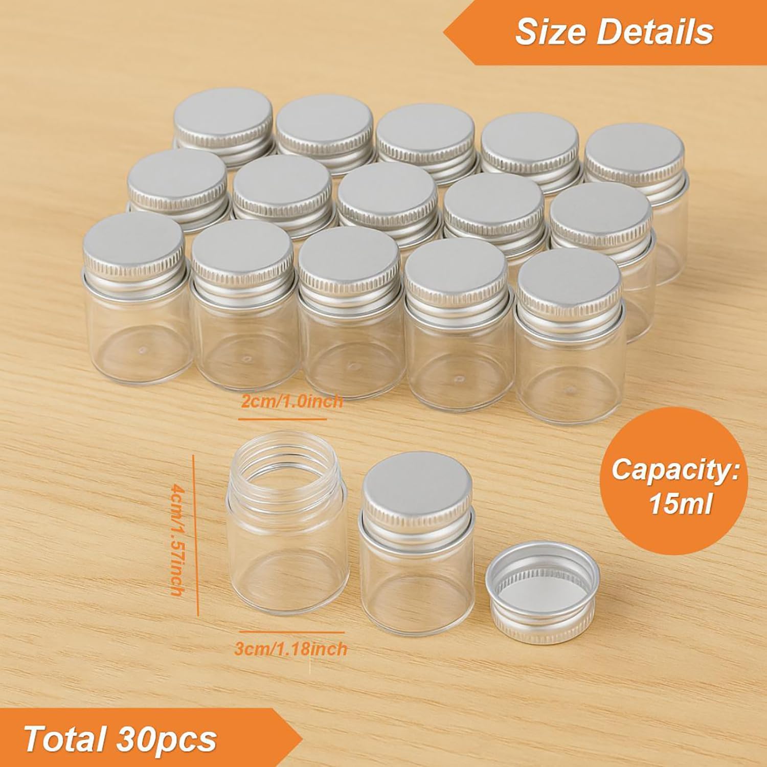 30 Pack 15ml/0.5Oz Clear Glass Jars with Aluminum Screw Lids Small Refillable Bottles Leakproof Empty Mini Containers for Samples, Spices, Beads, Cosmetics, DIY Crafts (4cm x 3cm)