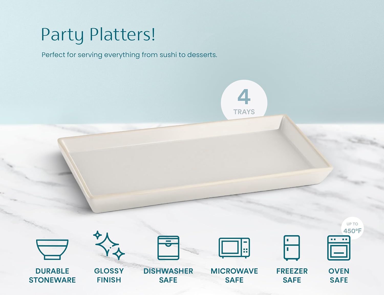 KooK Serving Platters and Trays, Trays for Serving Food, Ceramic 11 Inch Rectangular Serving Trays, Platters for Food at Parties and Entertaining, Microwave, Dishwasher Safe, White, Set of 4 - Image 6