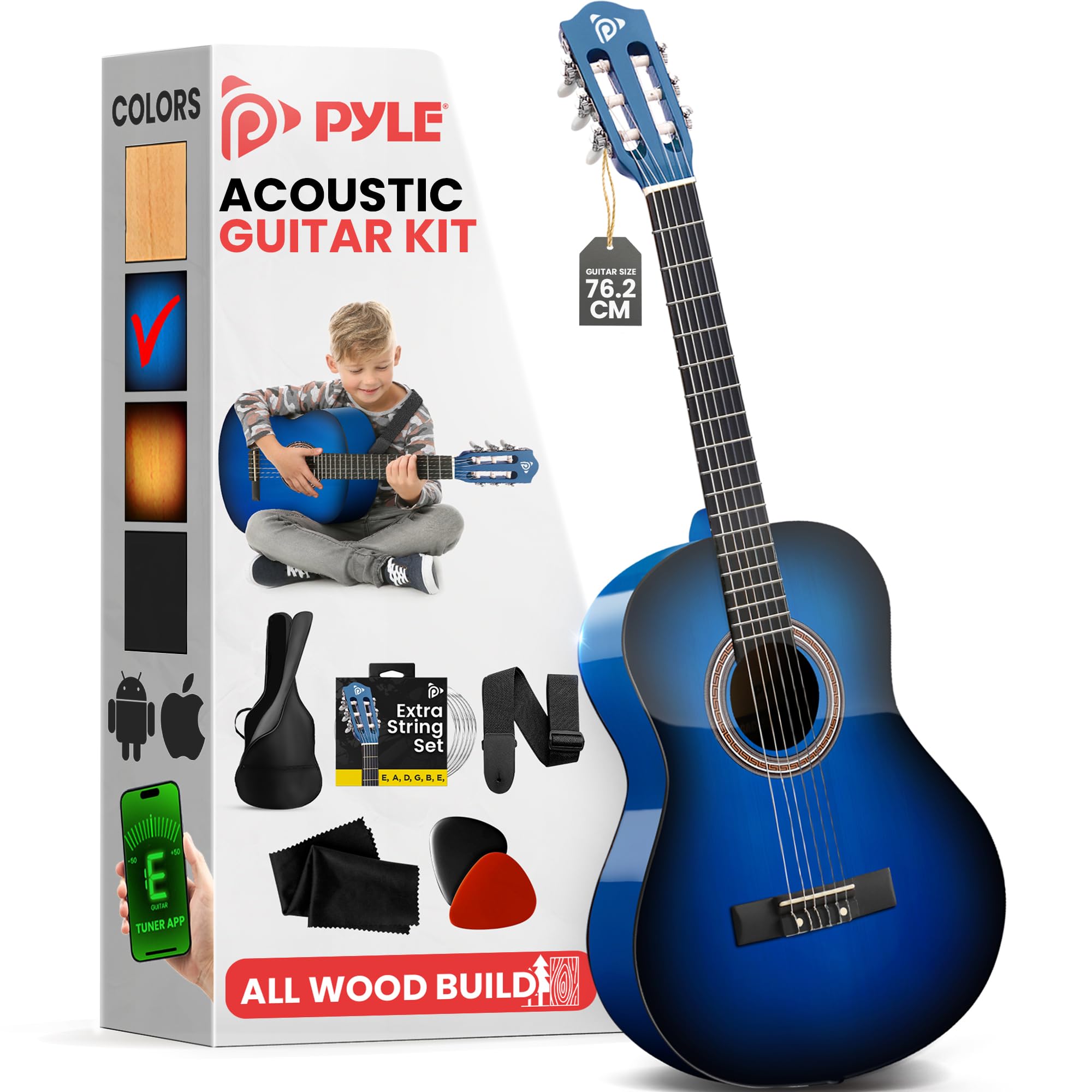 Pyle Beginner Acoustic Guitar, Junior Size 99 cm, All Wood Build Nylon String with Capo Strap, Extra String Set, and Gig Bag Acoustic, For Kids Adults Youth Classical Kit Blue Burst, Gloss