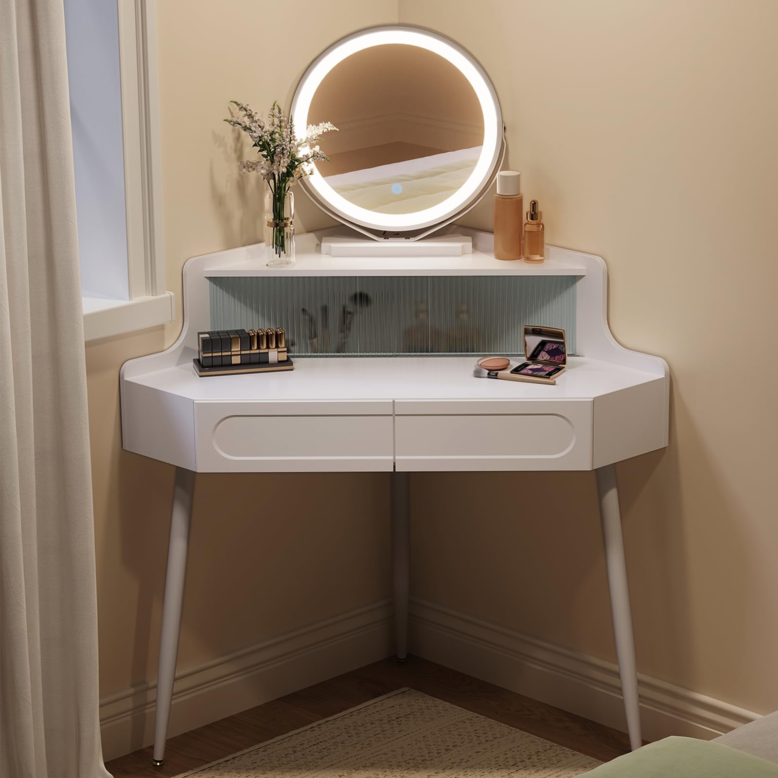 WOLTU Dressing Table with Mirror, Corner Vanity Desk, Bedroom Dressing Table with 2 Drawers 1 Closed Compartment, White Mirrored Desk, Dimmable Makeup Mirror, MB6119ws-UK