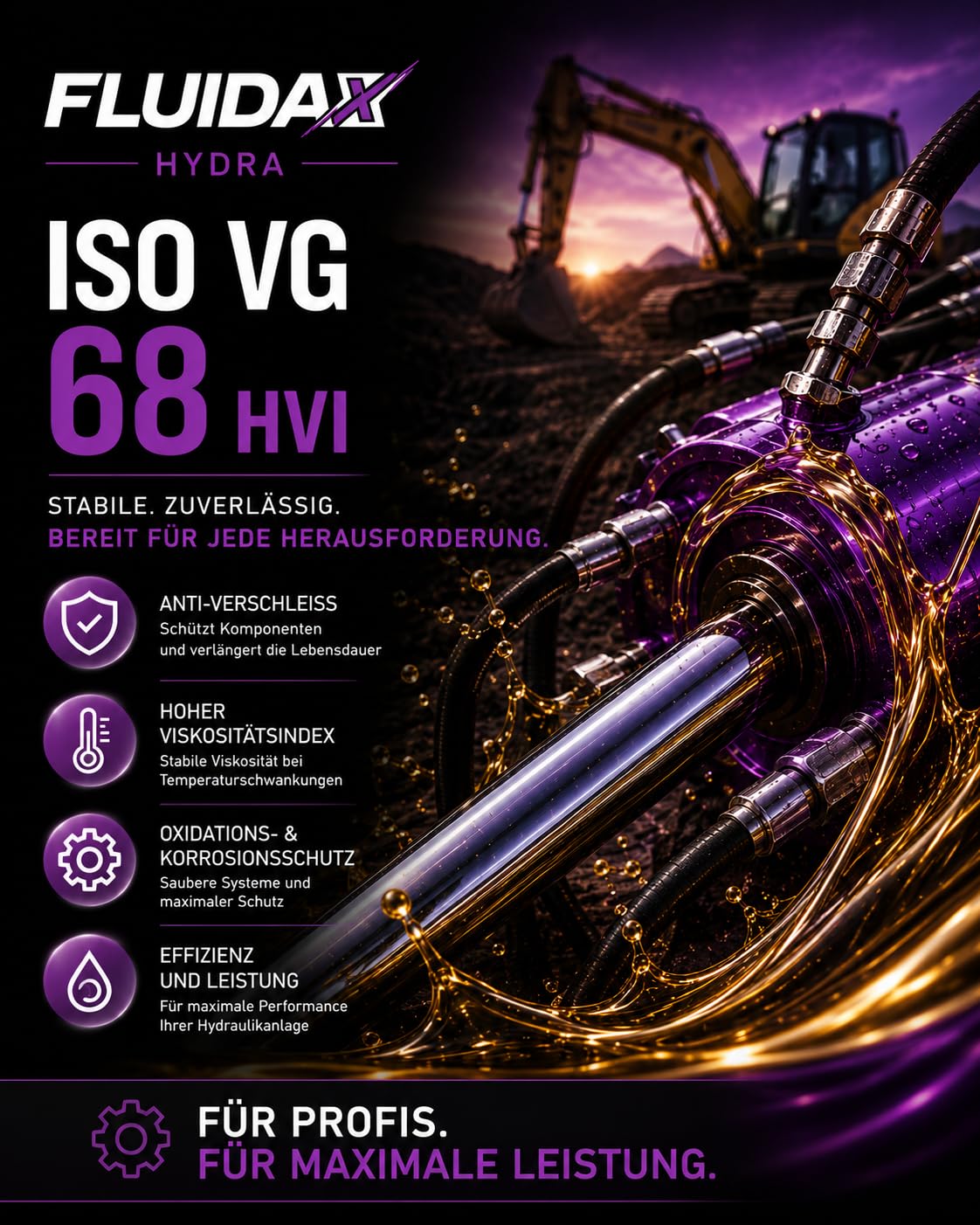 Hydrauliköl ISO VG 68 HVI 5L – Hoher Viskositätsindex – Verschleißschutz und Korrosionsschutz – Für Hydraulikanlagen, Baumaschinen, Landmaschinen und Industriemaschinen