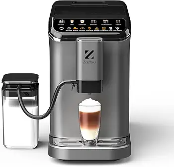 ZACHVO Cafetera Superautomática con Sistema de Leche–20 Bares, 7 Bebidas, 15 Niveles de Molido, Depósito de Agua de 1,5L, Doble Caldera, Control PID, Limpieza Automática,Pantalla Táctil，Café con Leche