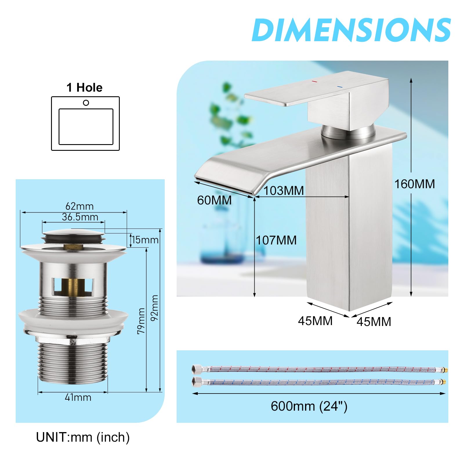 CREA Grifo de Baño Cascada Moderno, Monomando Lavabo Mezclador, Acero Inoxidable