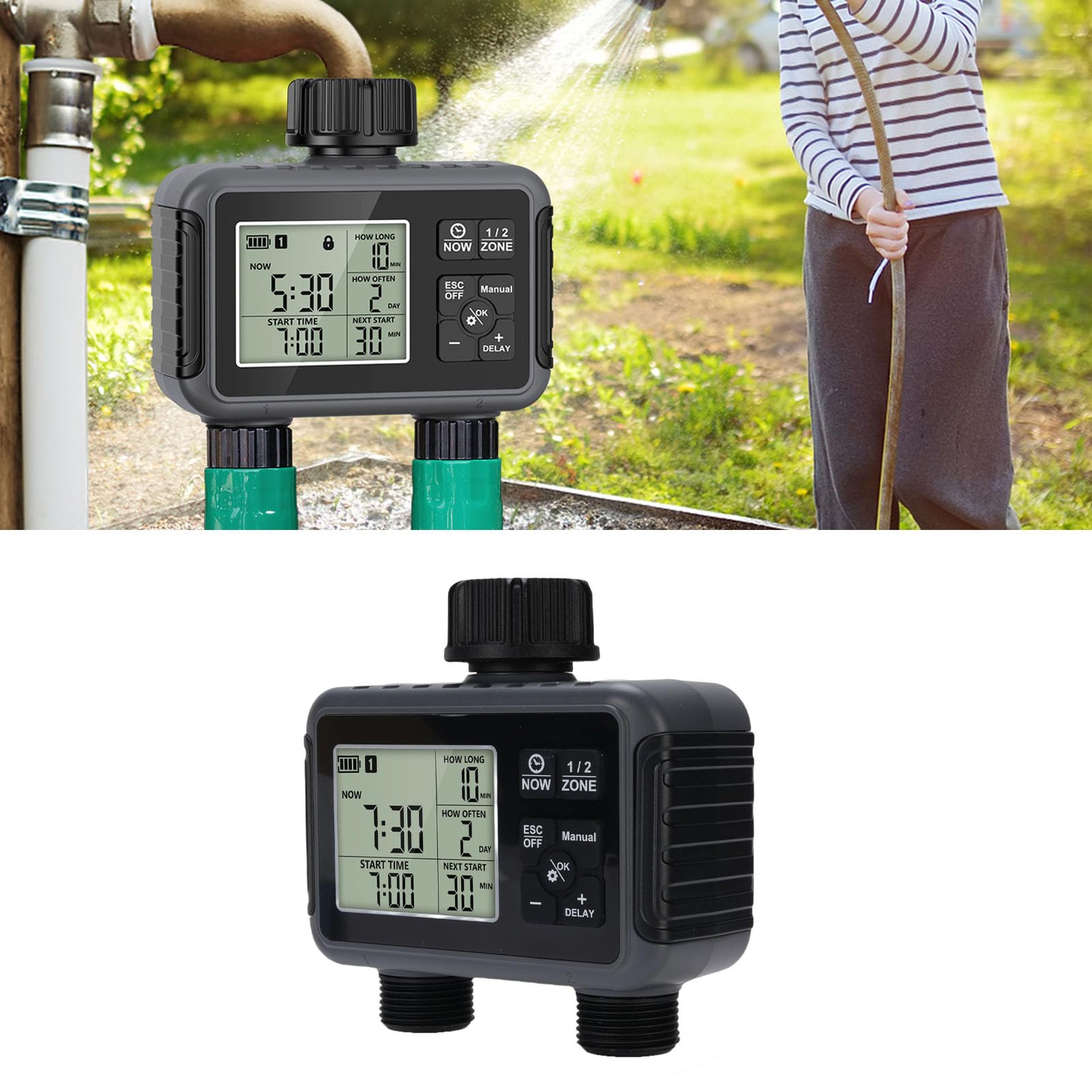 Timer di Irrigazione Intelligente per Un'irrigazione Efficiente con Doppie Uscite, modalità Automatica e Manuale, Ideale per Giardini e Prati, Design Compatto in ABS