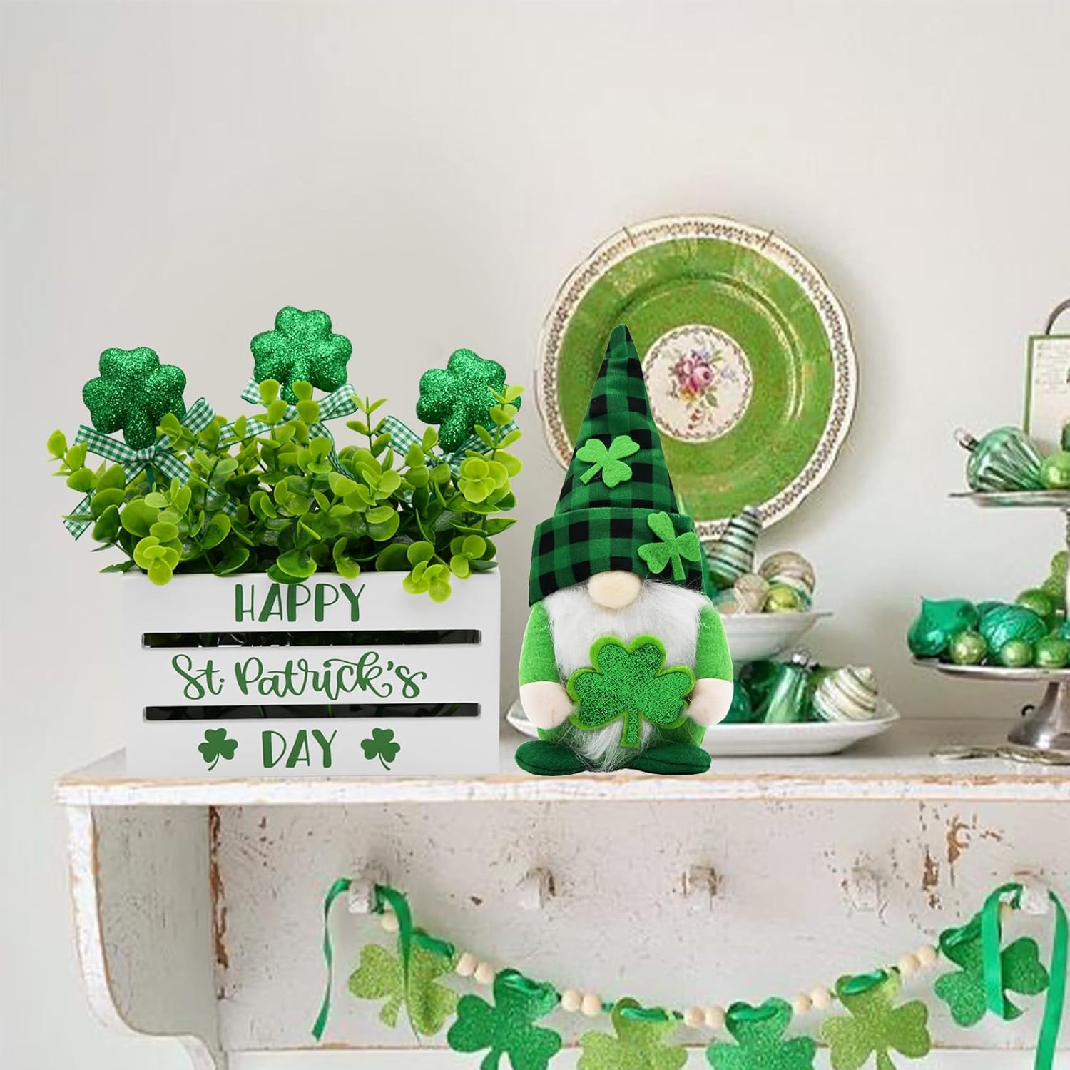 St. Patrick's Day Decorations, St. Patrick's Day Wooden Crate with Gnome, Glitter Shamrock, St. Patrick's Farmhouse Kitchen Table Tiered Tray Decorations for Home