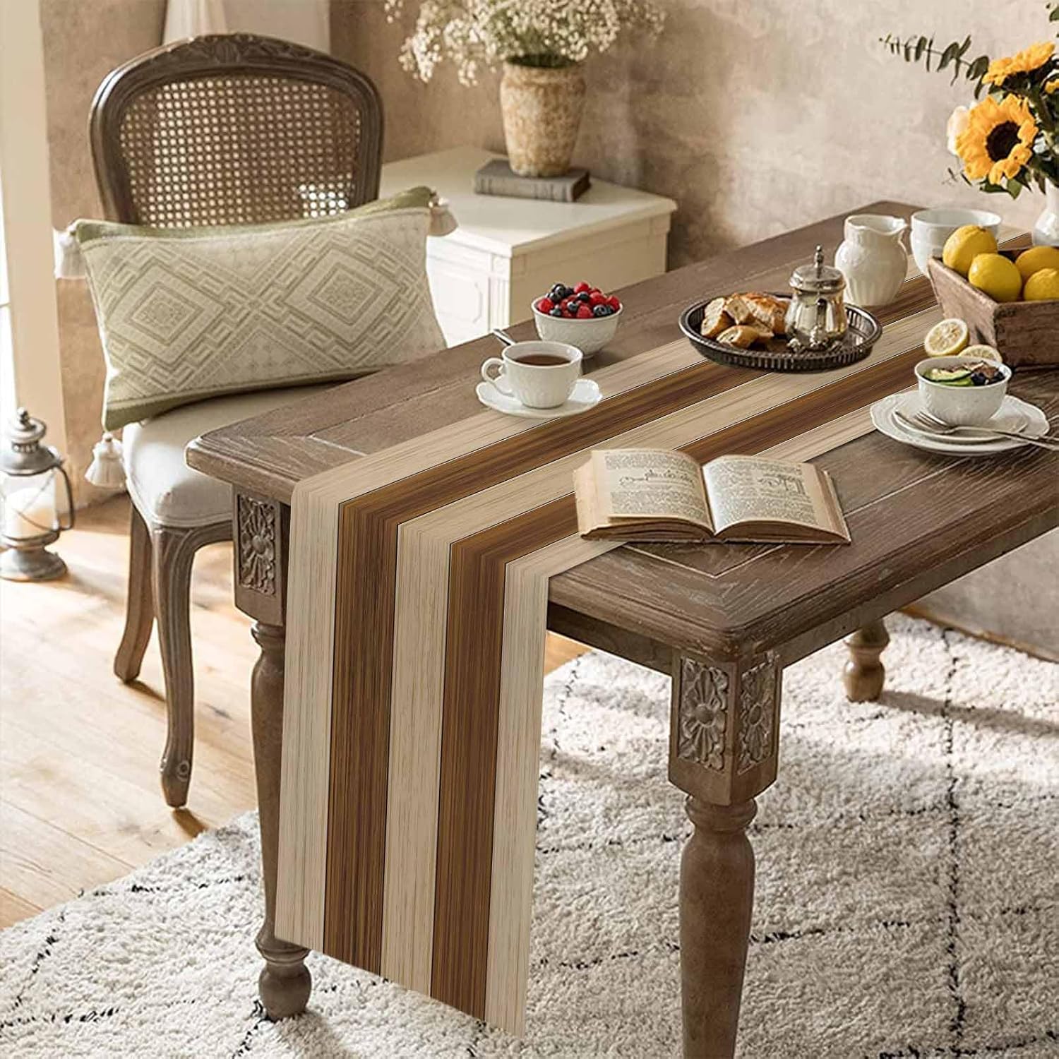 Dining Table Runner Dresser Scarves, Vintage Rustic Brown Wood Grain Table Runners 108 inches Long,Non-Slip Washable Coffee Table Runners for Wedding Party Holiday Dinner Table Decoration