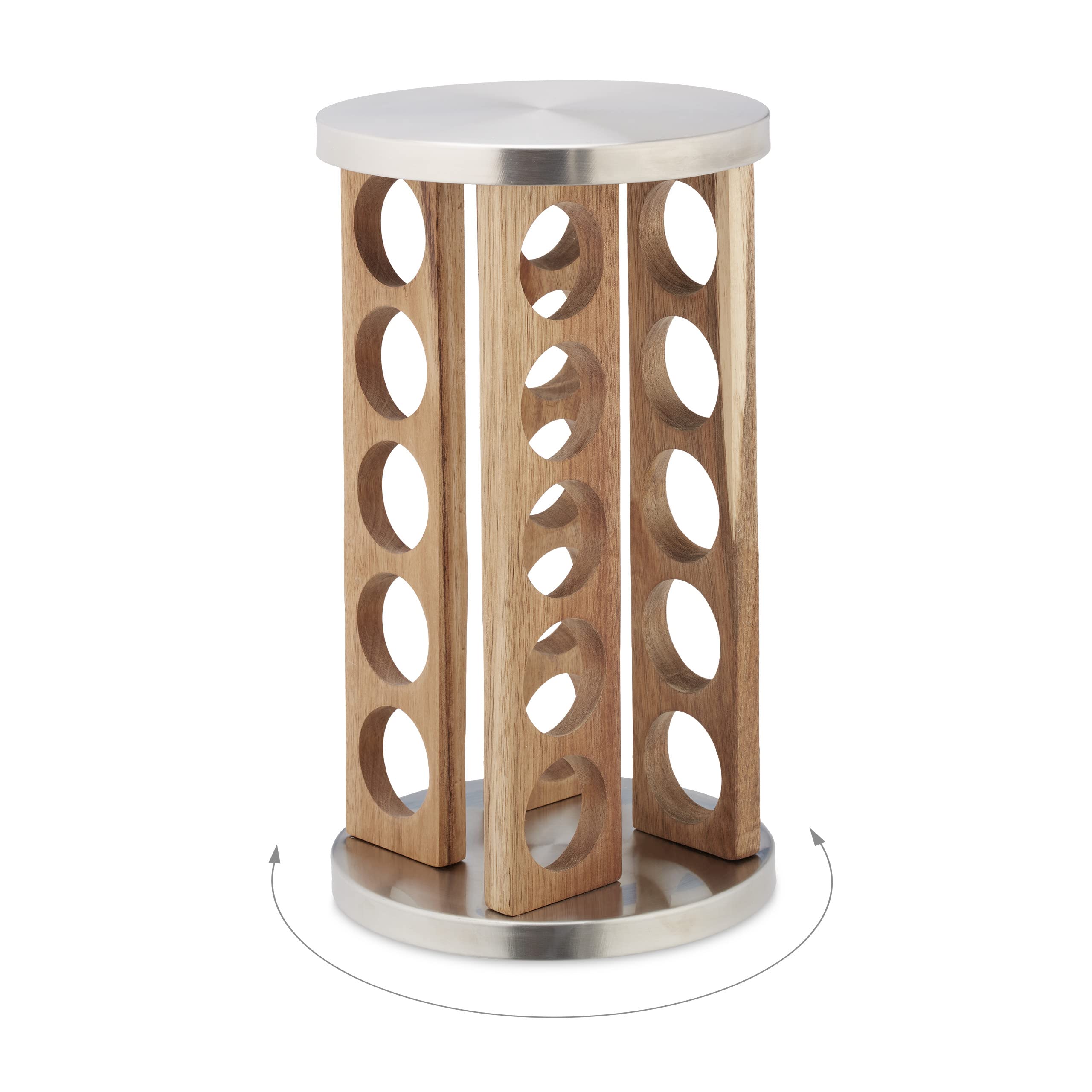 Relaxdays Tourniquet à épices avec 20 Pots en Verre, Rotatif 360°, Acier INOX, Bois, HD 34 x 19,5 cm, argenté et Nature