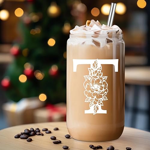 Miniatura 91 de Coolife Vaso de vidrio con inicial, regalos con monograma para mujer, tazas de vidrio de 16 onzas con tapas y pajitas, vaso de cerveza para batido