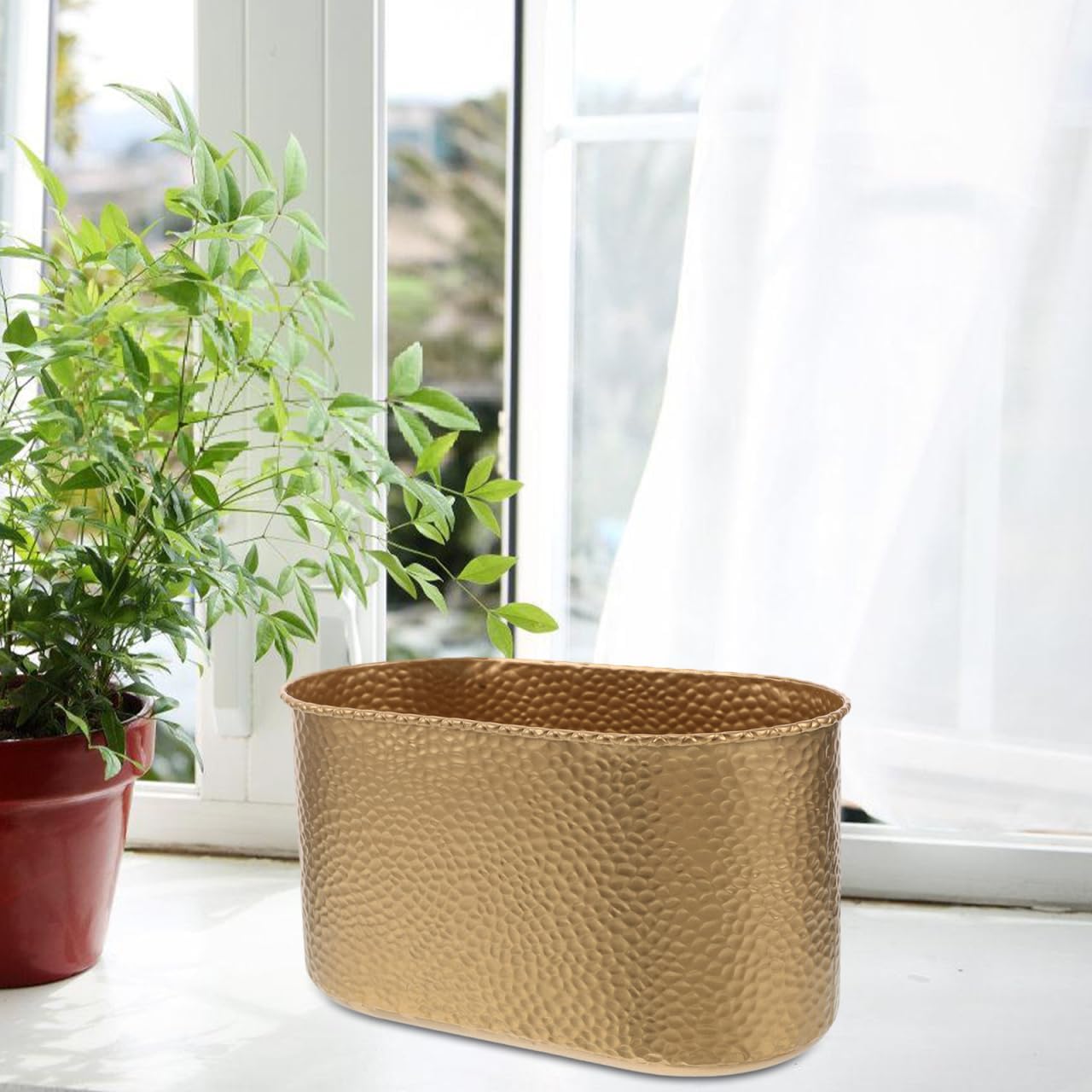 Cabilock Large Metal Wide-Mouth Flower Pot with Hammered Texture Decorative Iron Planter for Orchids and Indoor Plants Versatile Floral Vase for Home and Outdoor Use Gold 9.92X5.51X5.51In