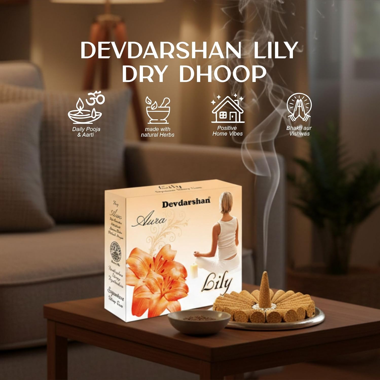 Devdarshan Aura Lily Dry Dhoop Cones – 24 Boxes (40g Each) | Long-Lasting | Natural Fragrance for Pooja | Meditation & Home Ambience | Mood Enhancer | Charcoal-Free & Eco-Friendly Incense Cones
