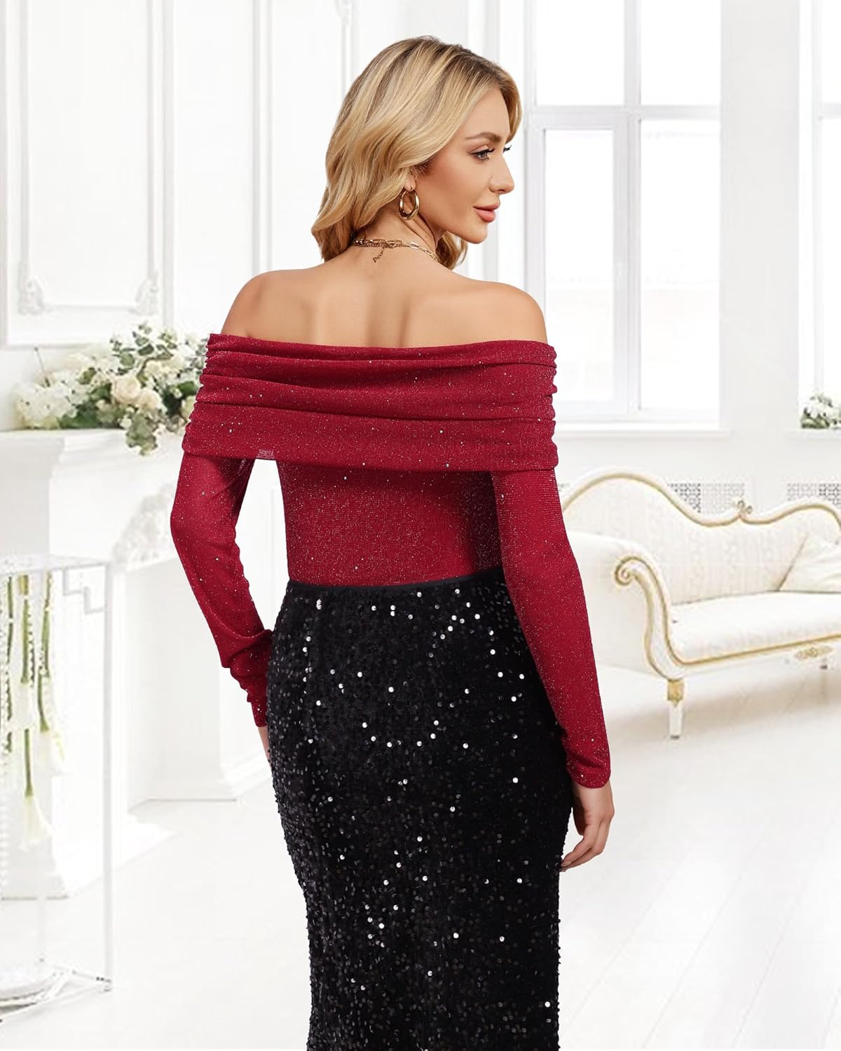 Women's Off The Shoulder Long Sleeve Sexy Slimming Chiffon Sheer Mesh Ruched Blouse Tops - Image 4