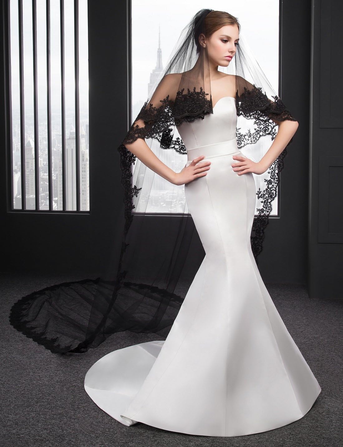 EllieHouse 2 Tier Lace Black Wedding Bridal Veil With Comb L30
