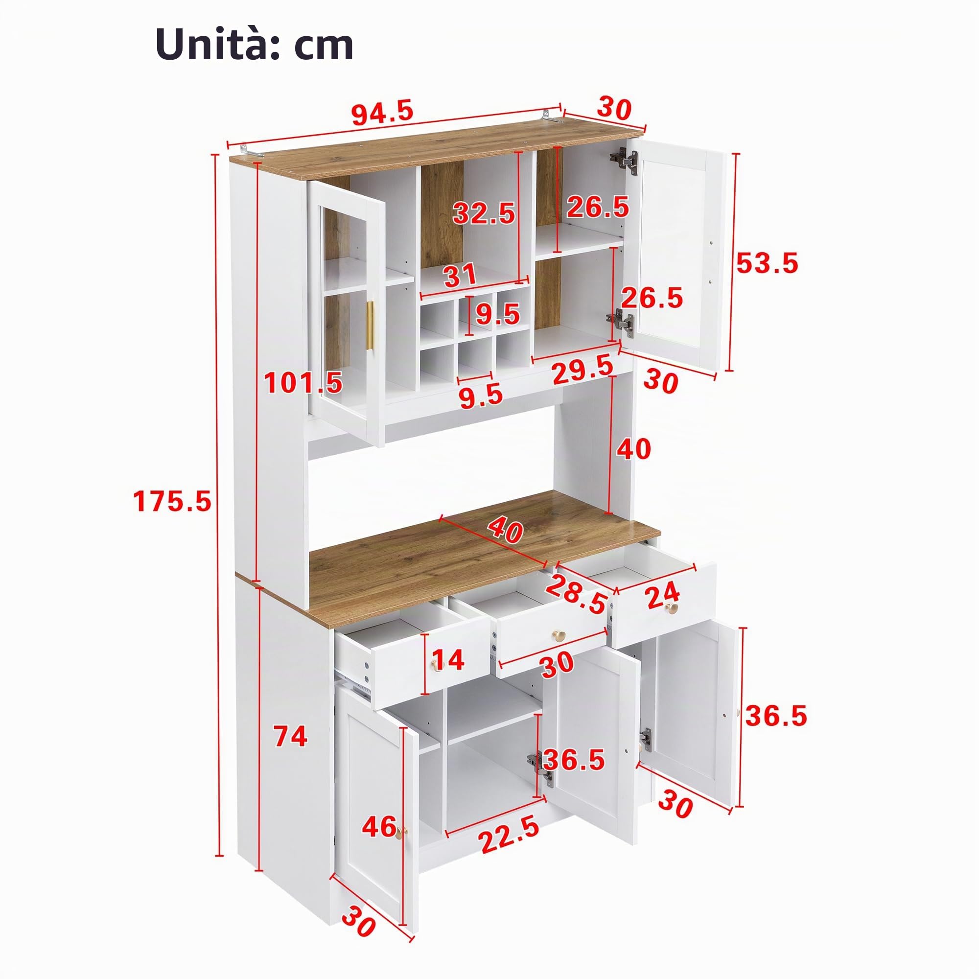 Azkoeesy Mobile Dispensa Cucina, Credenza Alta Cucina, 95x40x175 cm, 3 Cassetti, 3 Porta trasparente in acrilico, Portabottiglie, 5 Ganci, bianco + maniglie in metallo oro