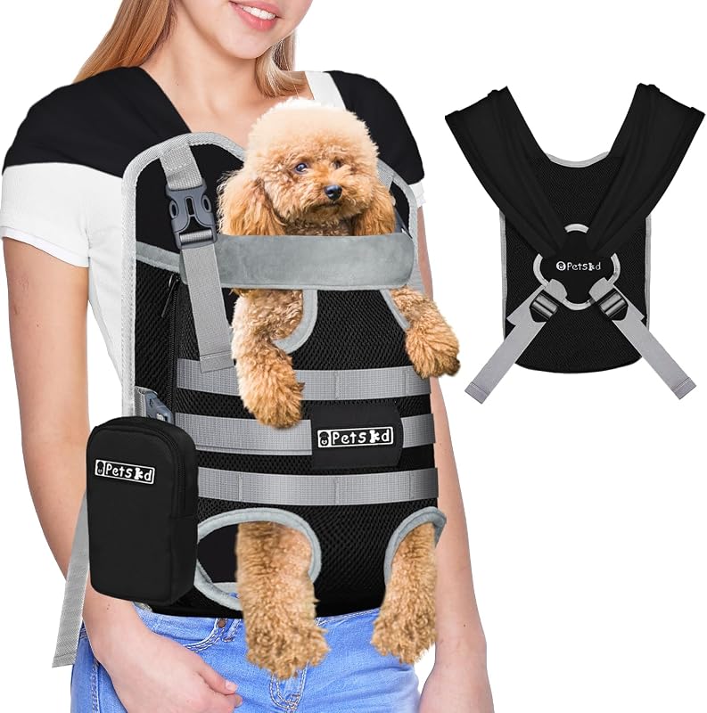 Dog Front Carrier Backpack for Small Pet with Adjustable Cross Shoulder Straps, Hands Free Puppy Legs Out Chest Carriers for Hiking, Cycling, Vet (Black, M)