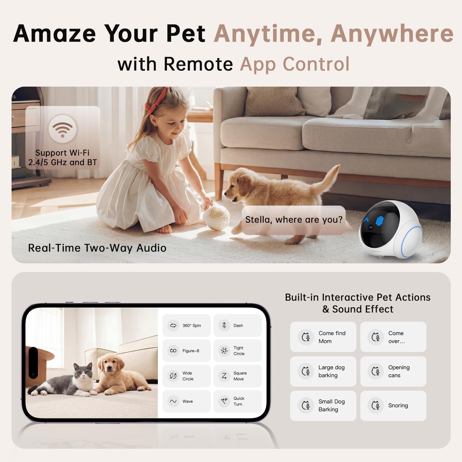 2026 Upgraded Pet Camera Movable 1080P, 2-Way Audio Cat/Dog Camera Robot, Night Vision, Battery-Operated, Auto-Recharge Smart Cam with App Control, Motion Detection, Support Cloud & SD Card Storage - image 3