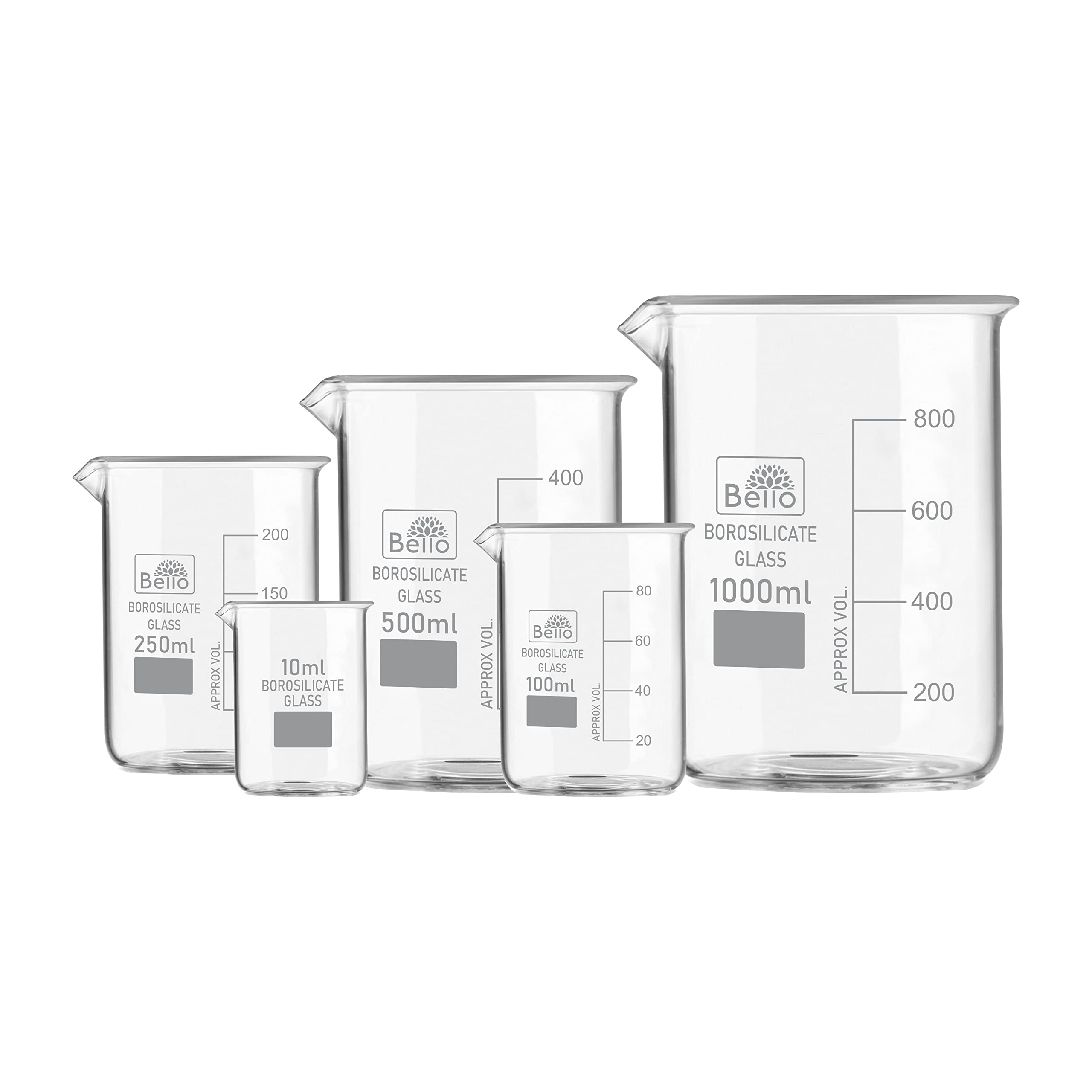 Bello Borosilicate 3.3 Glass Beaker 10 ml, 100 ml, 250 ml, 500 ml, 1000 ml with Graduation Marks, Set of 5 Beakers for school collage chemistry lab laboratory